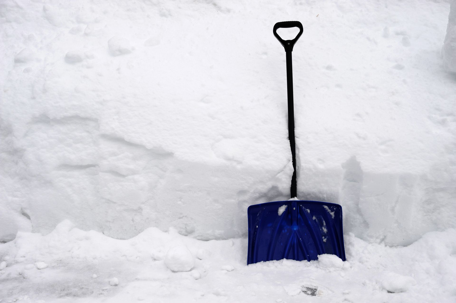 Blue snow shovel leaning in deep snow against a white background