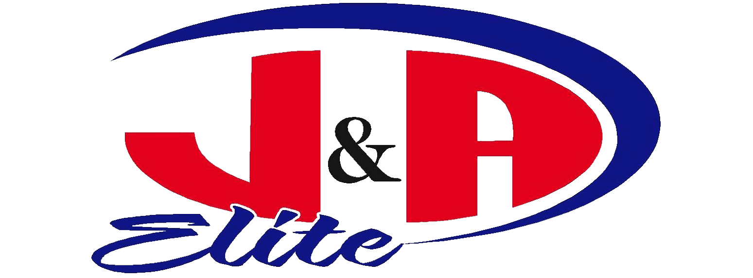 A red , white and blue logo for j & p elite