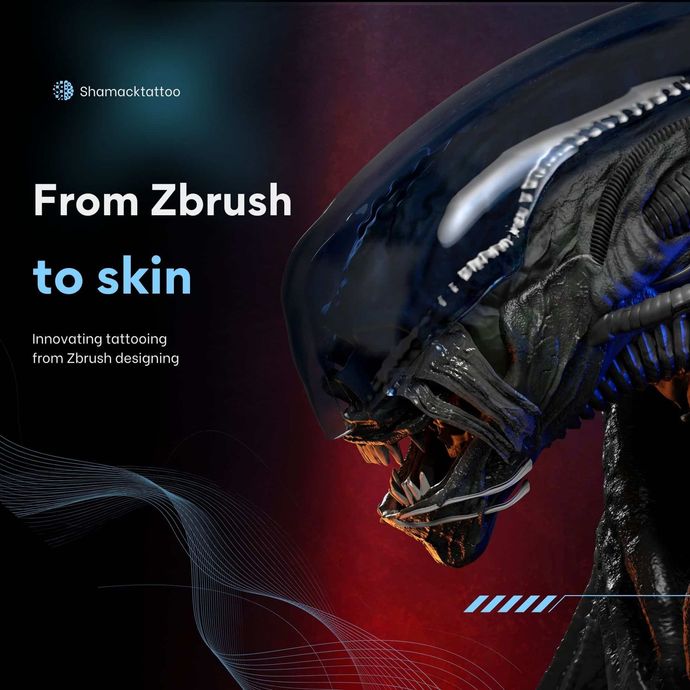 Alien creature head on dark red background with text “From Zbrush to skin”