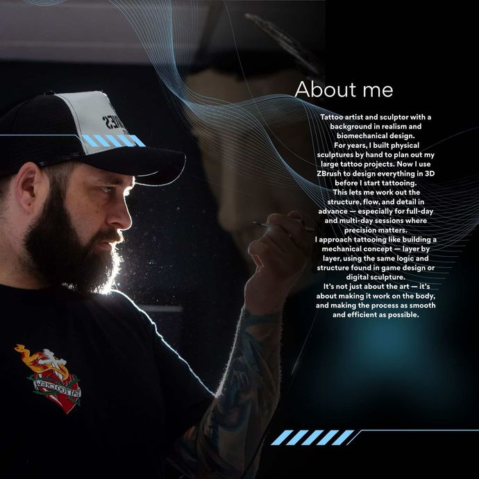 Profile graphic with a bearded man in a cap and an "About me" text panel on a dark background