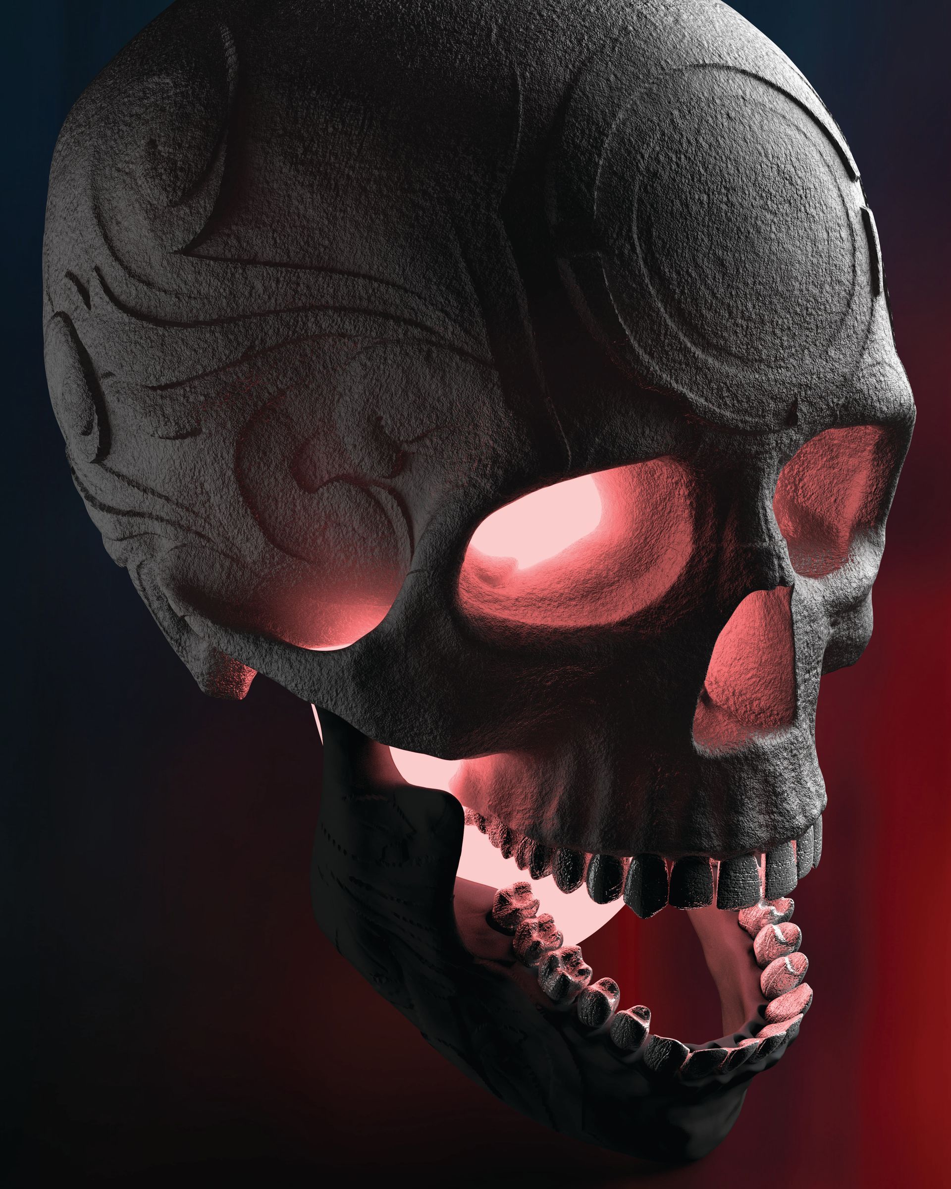Close-up of a dark skull with glowing red eyes and open jaw against a black background