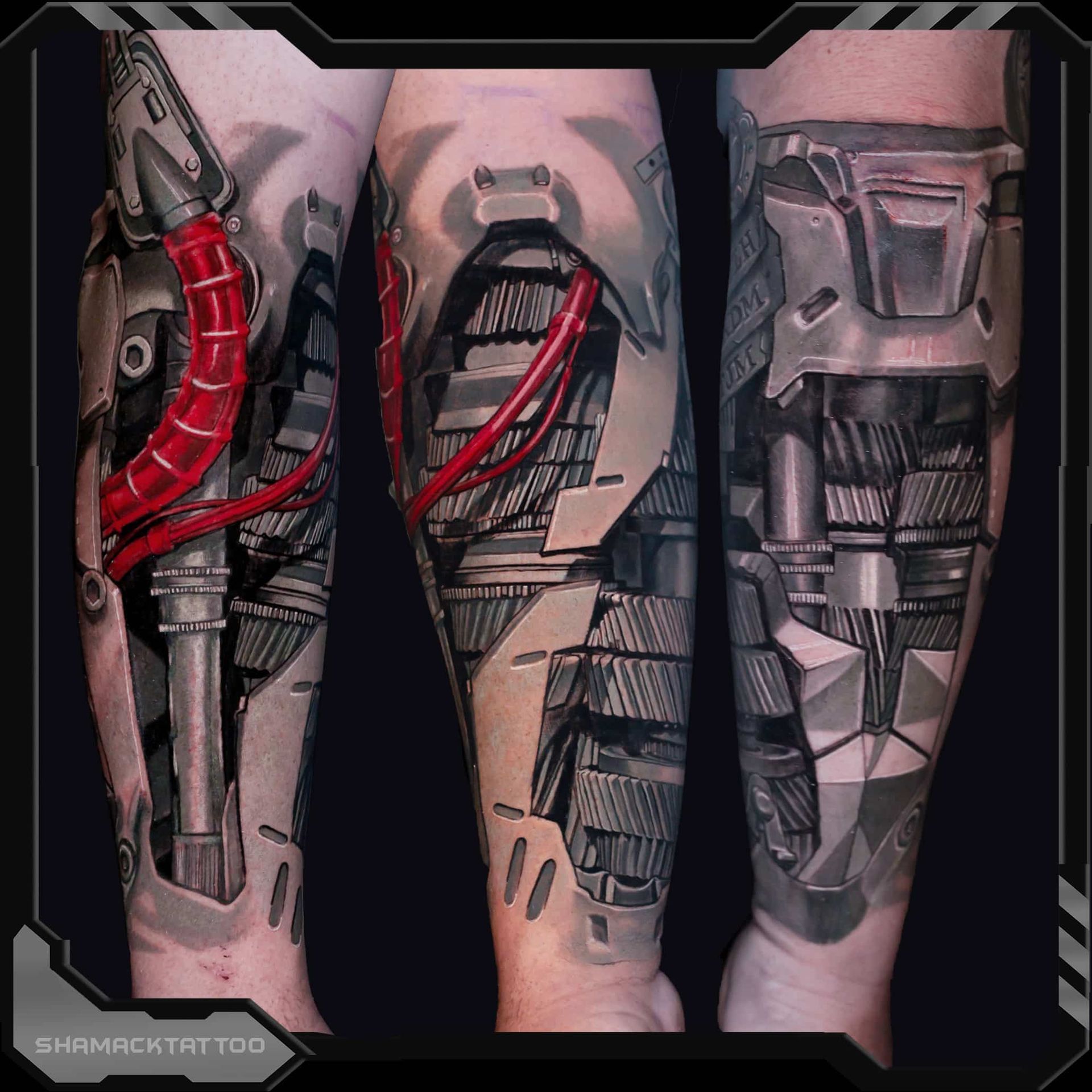 Three views of a leg tattoo with red and gray cybernetic machinery design