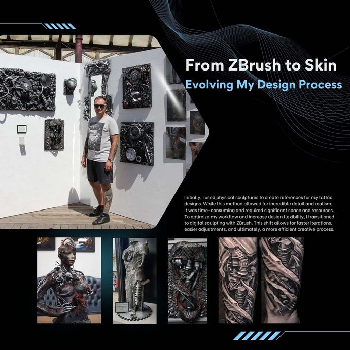 Presentation slide titled “From ZBrush to Skin” showing a man beside sculpted artwork and detailed creature designs