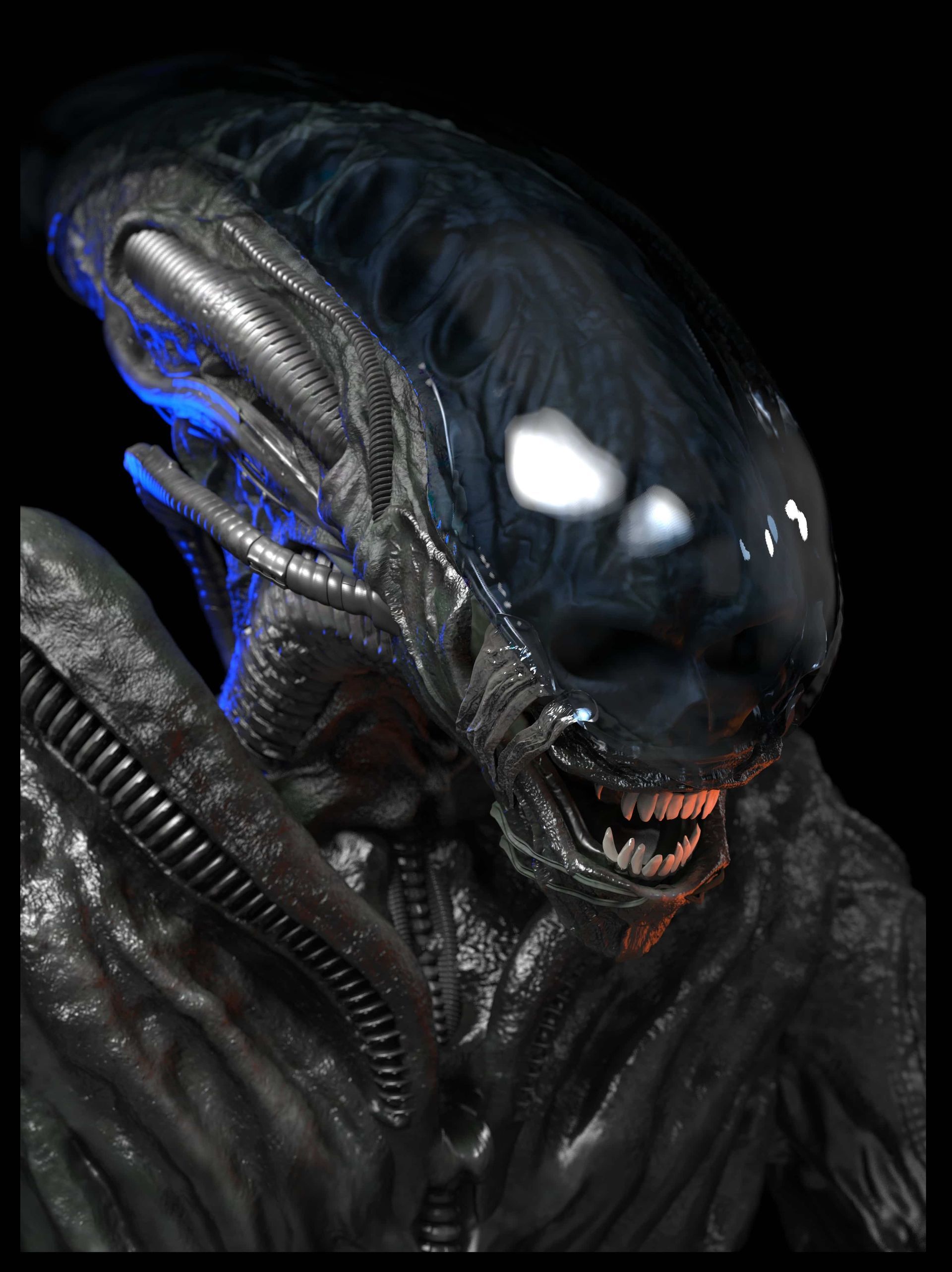 Alien creature with dark glossy head, blue ridged tubes, and open mouth against a black background