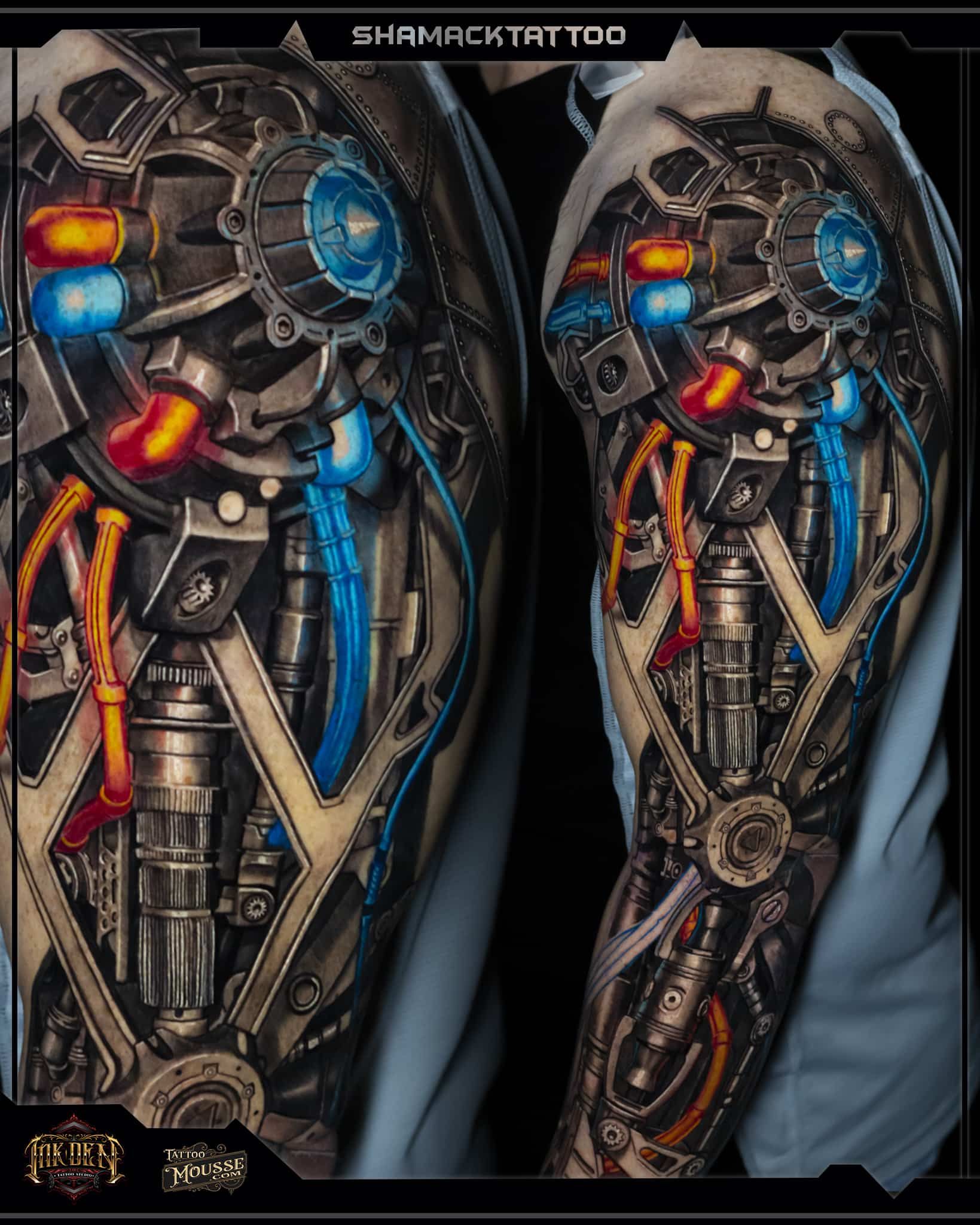 Two cybernetic humanoid torsos with glowing blue and red components and exposed mechanical wiring