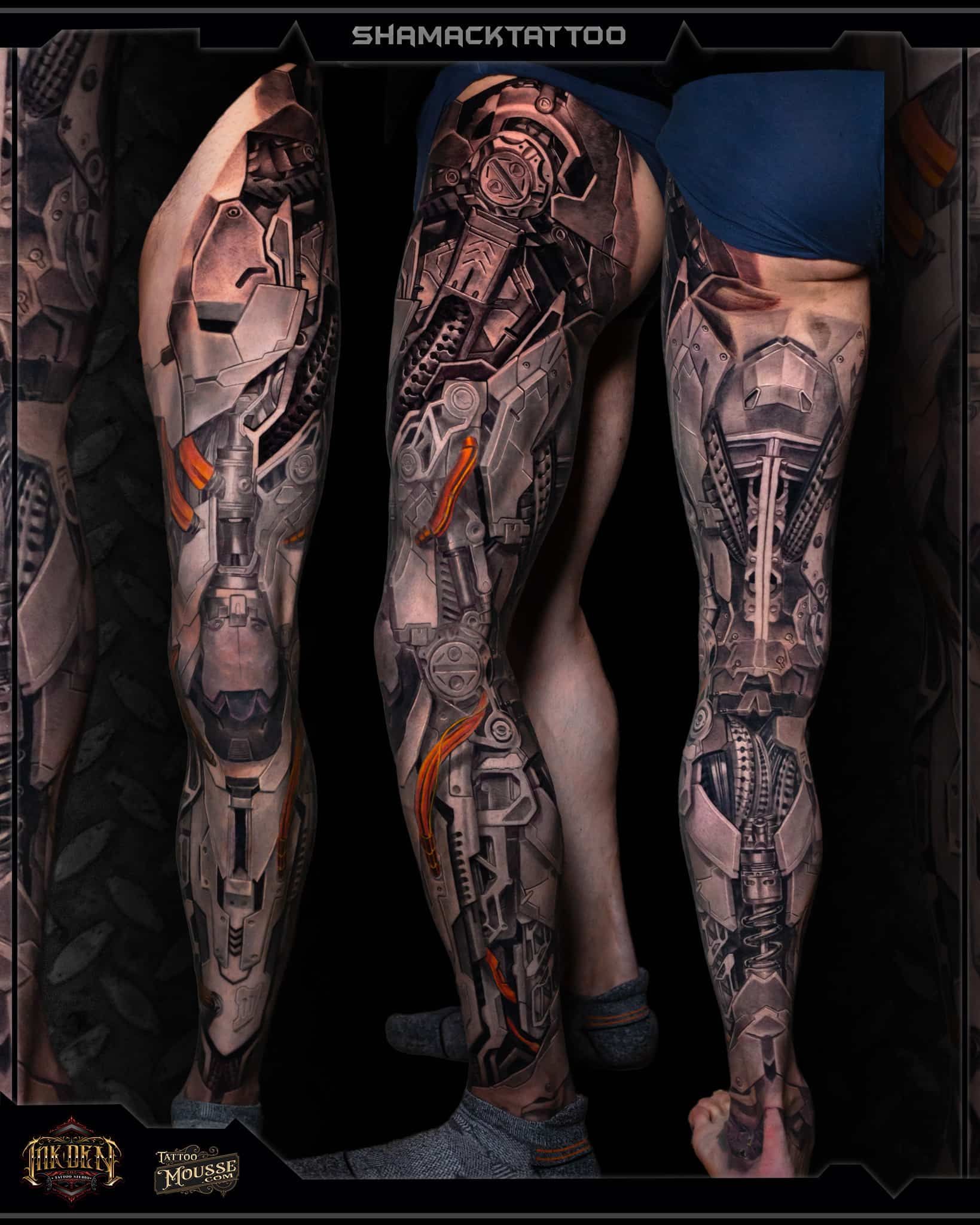 Tattooed legs in a dark framed collage, showing detailed black and orange body art from multiple angles