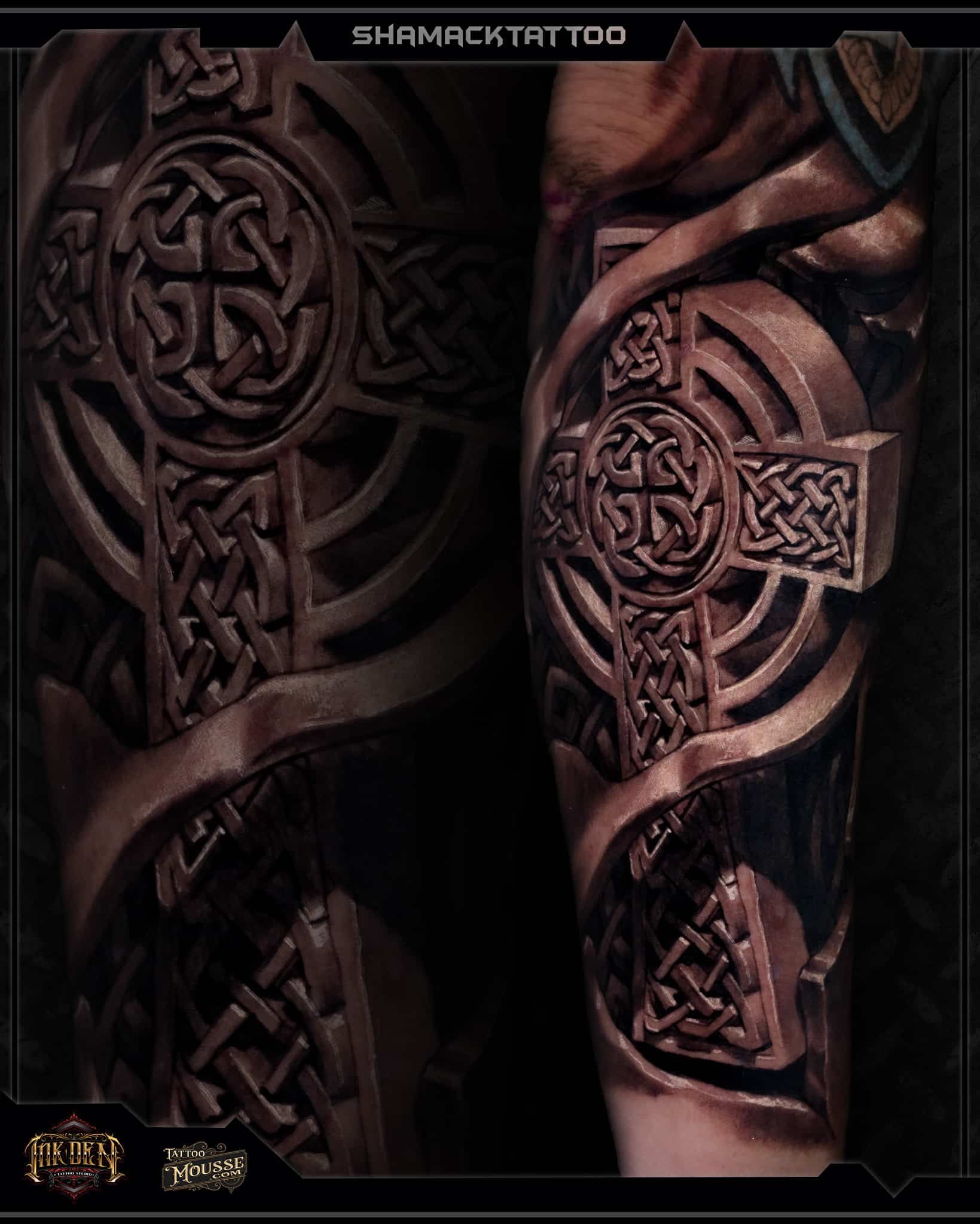 Close-up of ornate dark leather armor with embossed Celtic knotwork and metallic trim