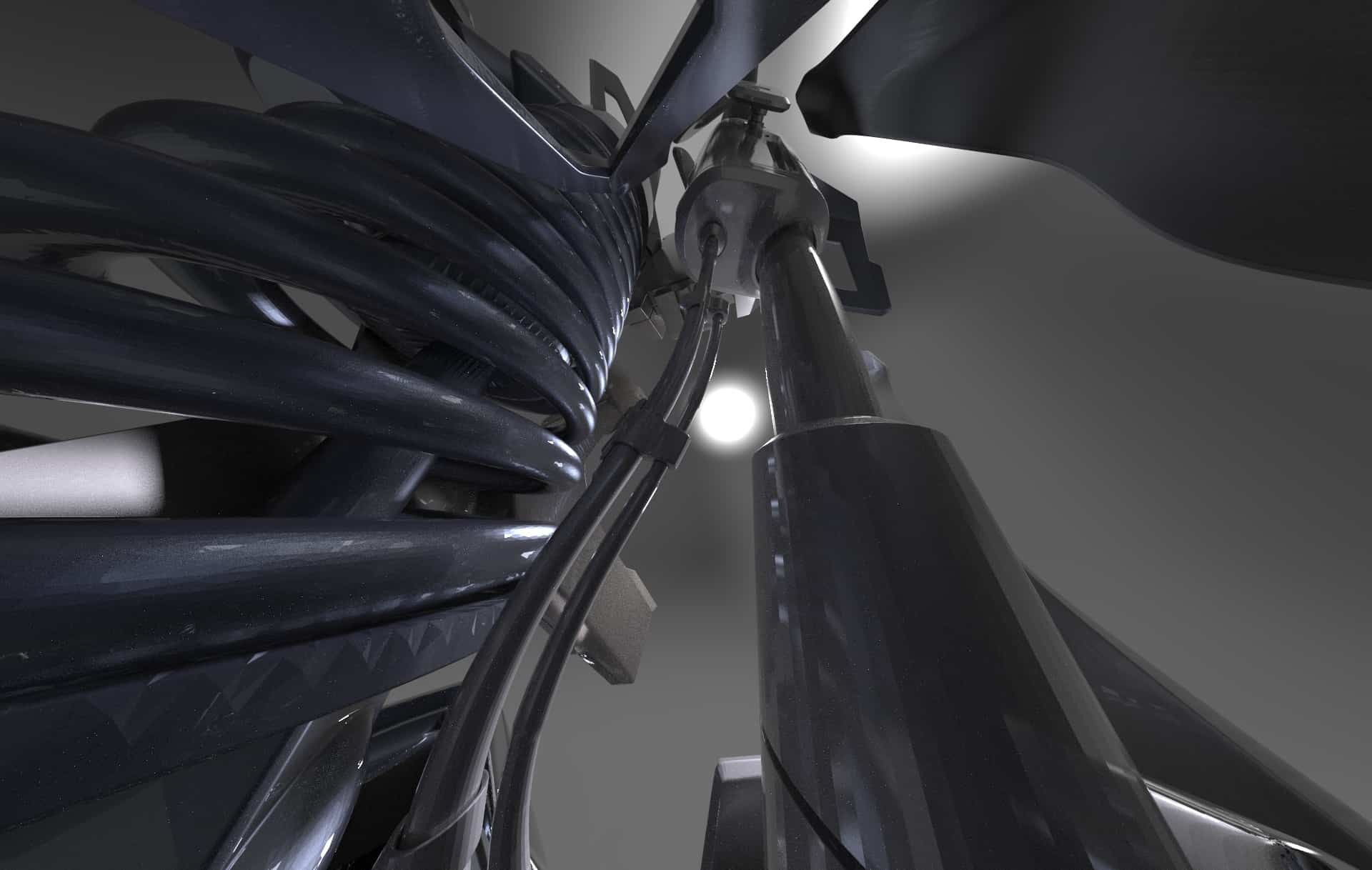 Abstract close-up of dark metallic and blue glossy curved structures against a gray background