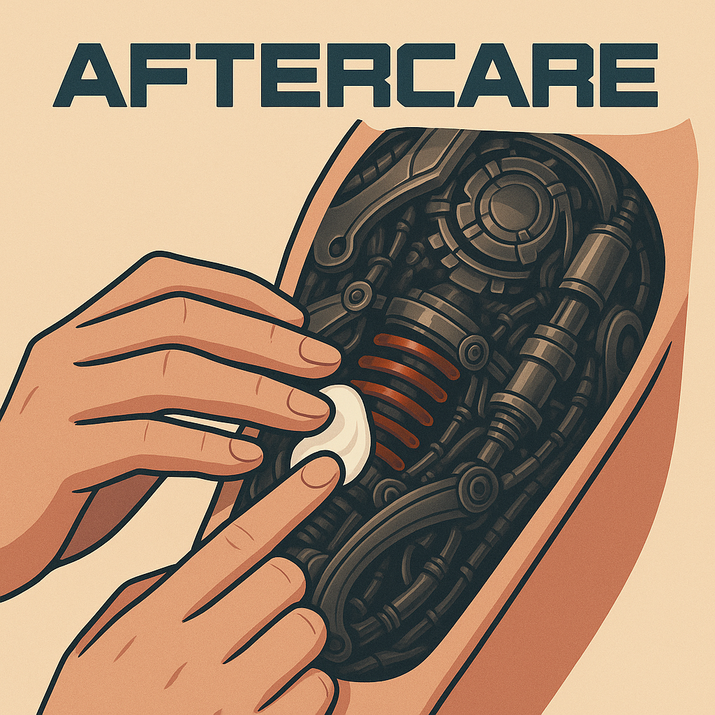 Hands cleaning a mechanical foot with a cotton swab, with “AFTERCARE” text above.