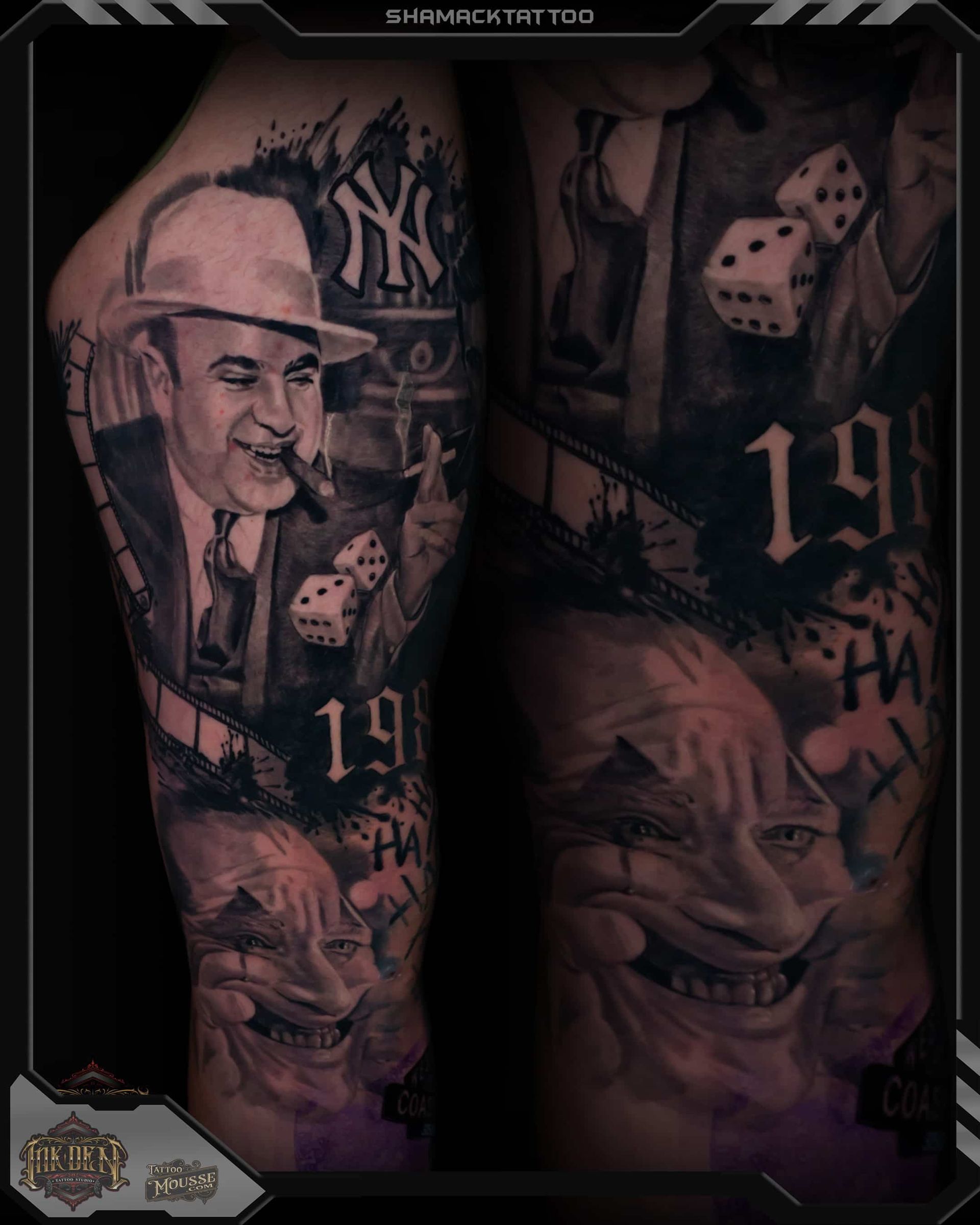 Tattoo design collage in black and dark purple, featuring a smiling face, playing cards, and a Yankees logo.