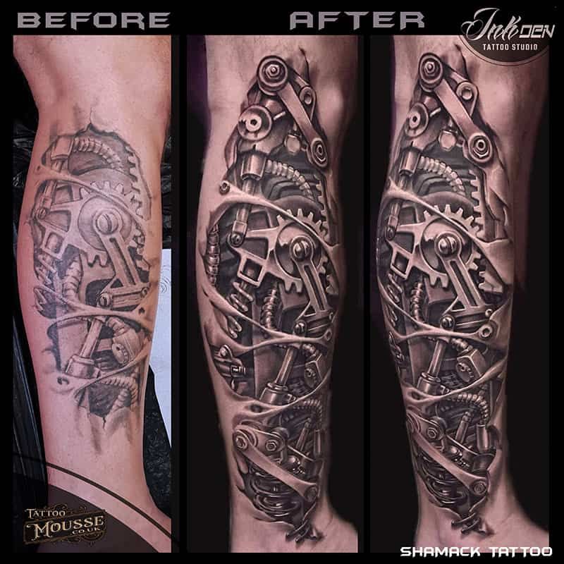 Before-and-after forearm tattoo transformation showing a black-and-gray mechanical design.