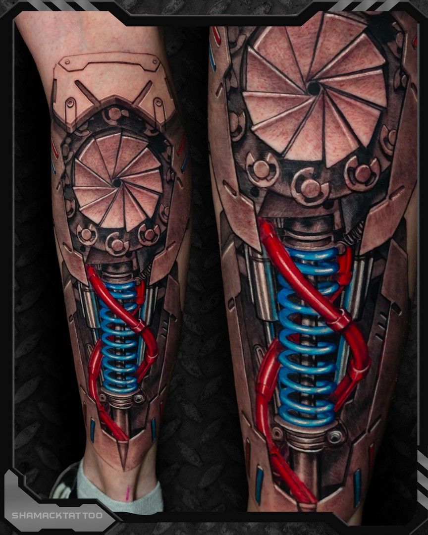 BIOMECHANICAL-calf-spring-realism-3d-shamack-inkden-tattoo-Blackpool