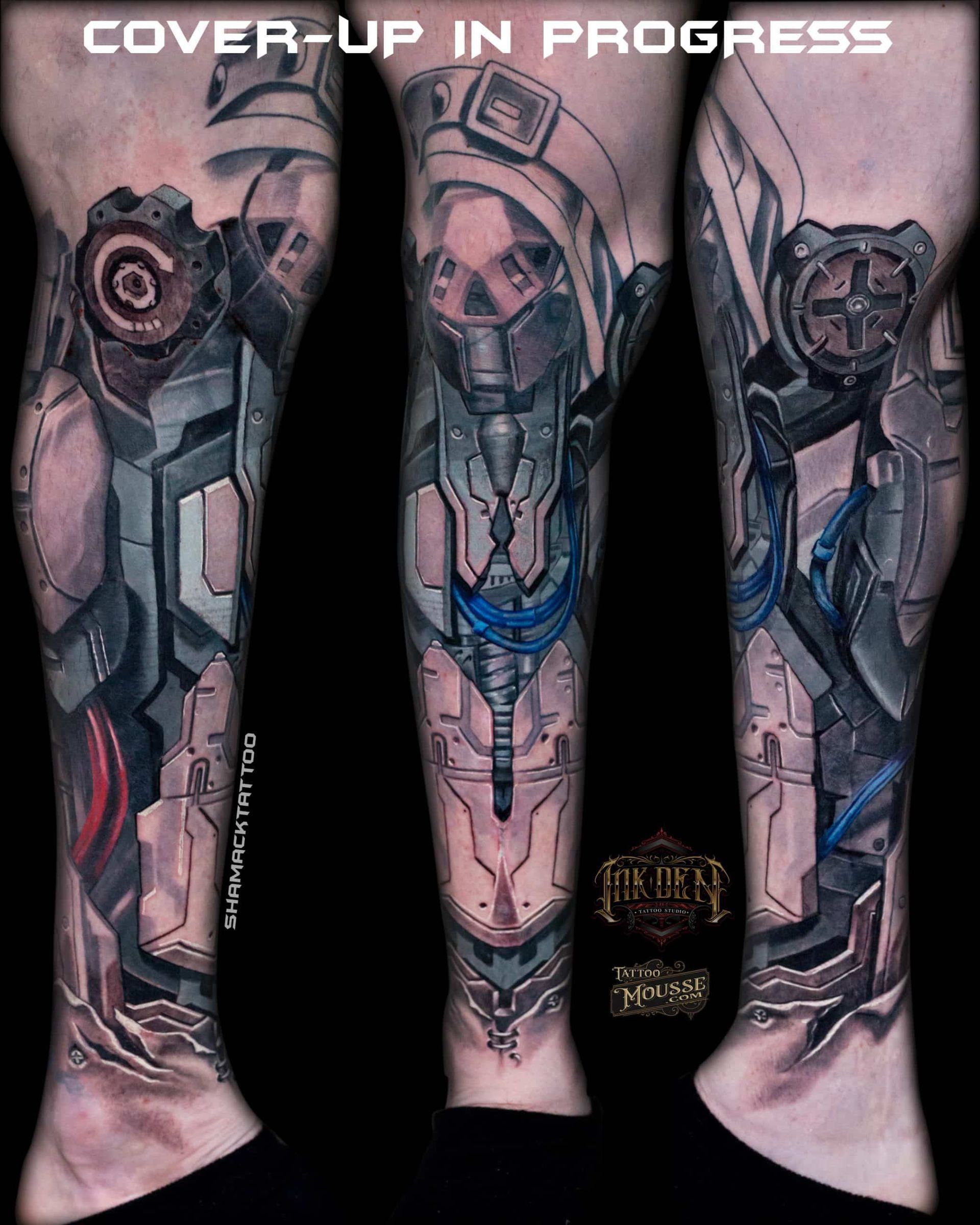 Three-panel tattoo cover-up design on legs with futuristic armored figures and “COVER UP IN PROGRESS” text