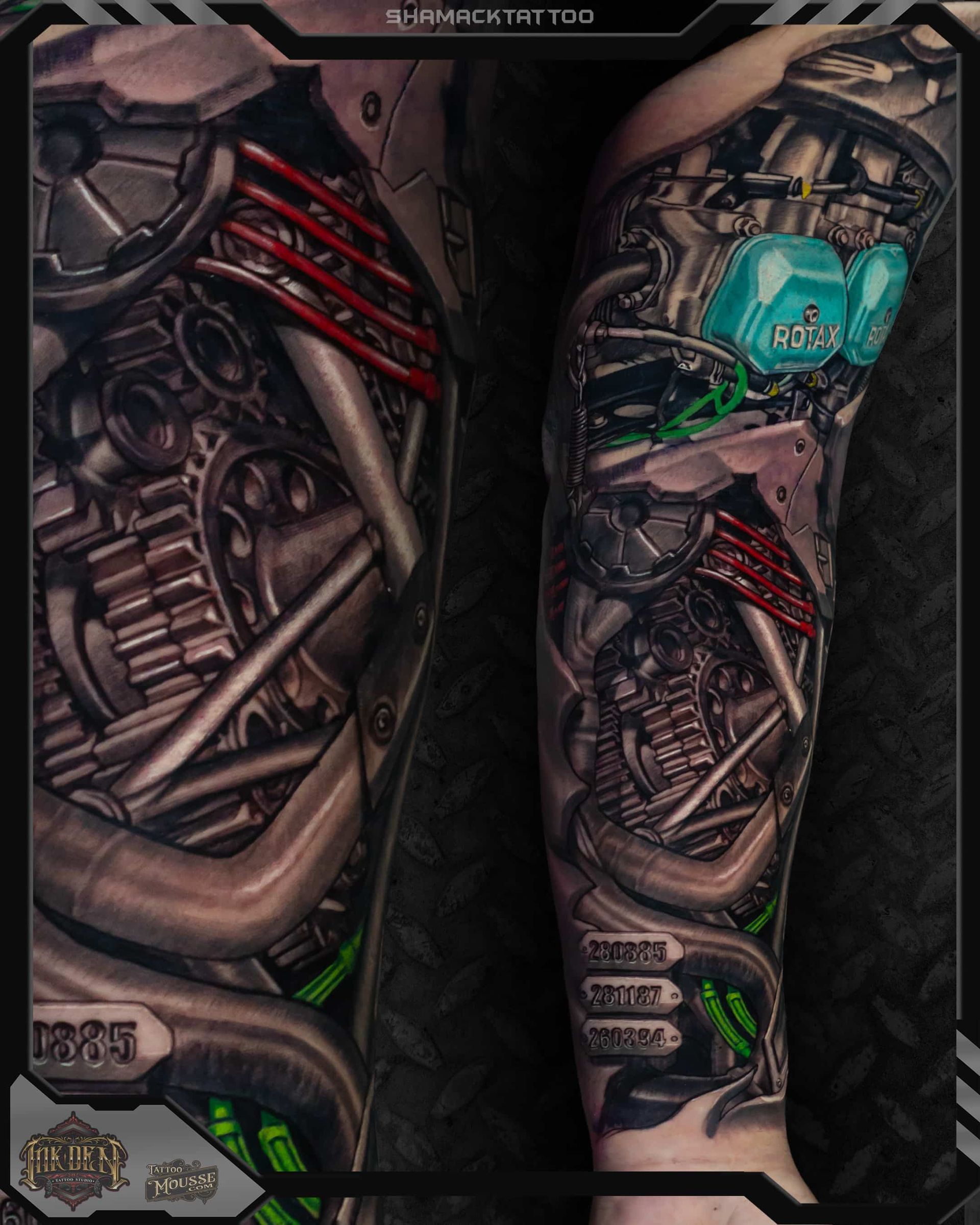 Two cyberpunk-style forearm tattoos with biomechanical gears, cables, red wires, and glowing teal accents.