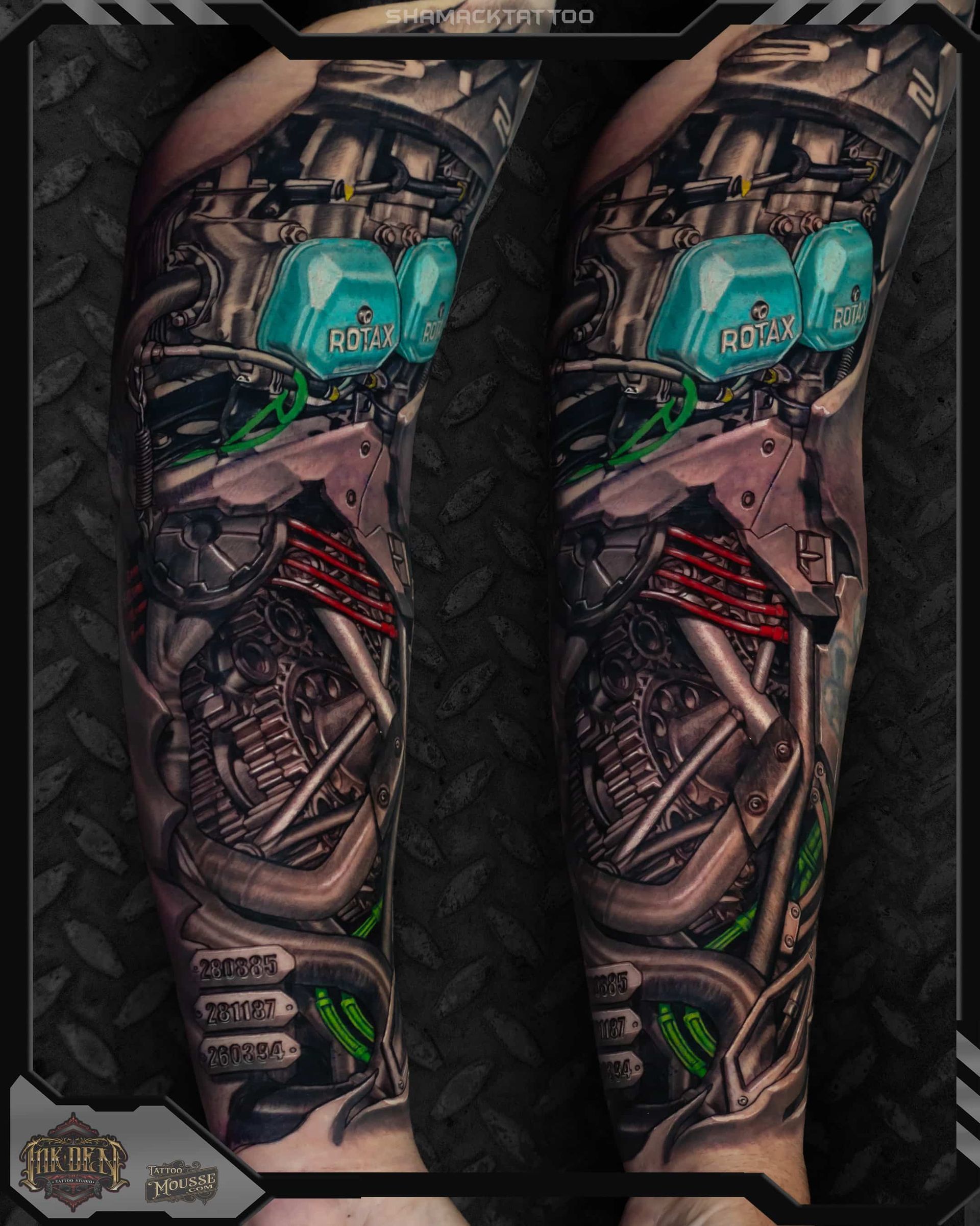 Matching cyberpunk-style leg tattoos with teal goggles and mechanical details