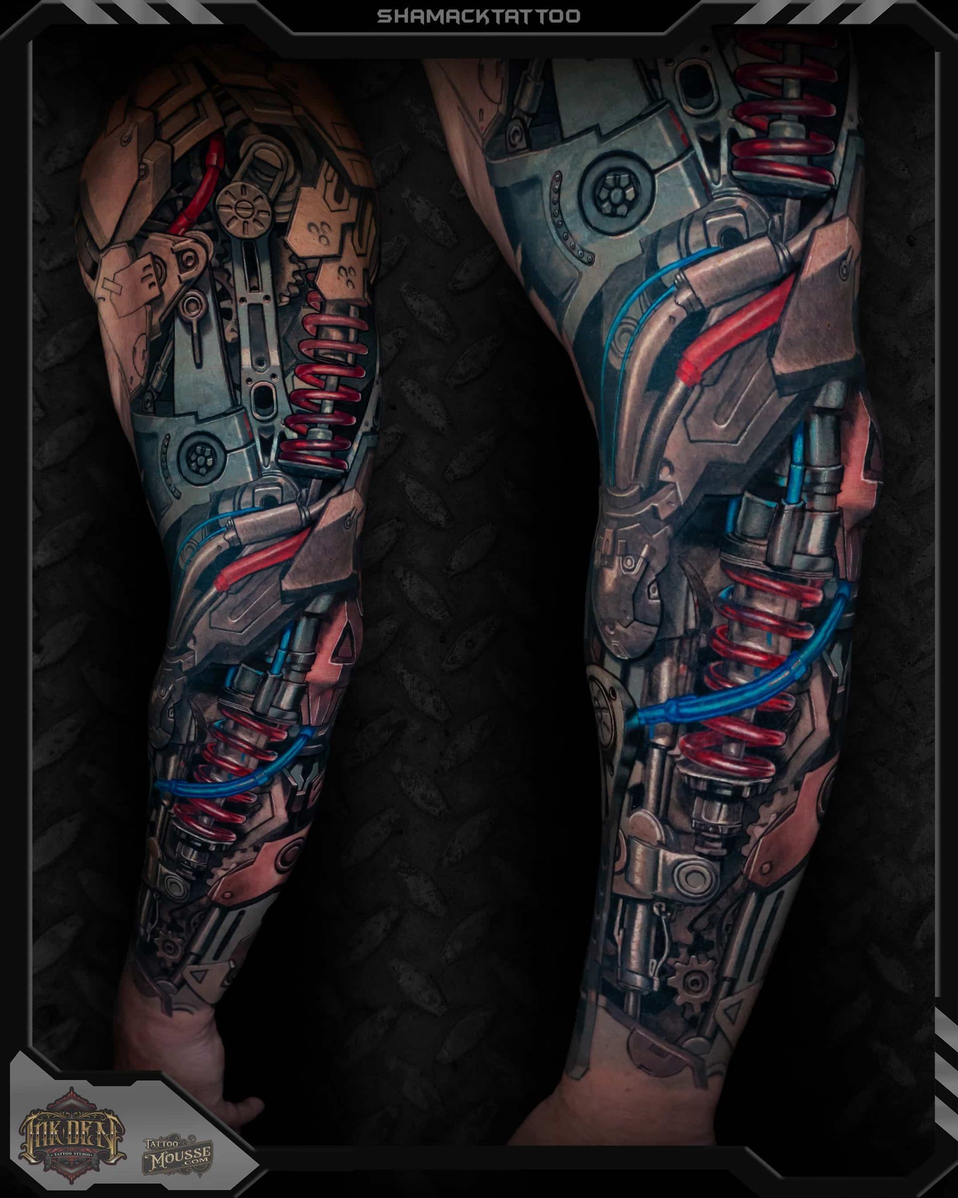 Two tattooed lower legs with colorful cyberpunk-style sci-fi mechanical designs