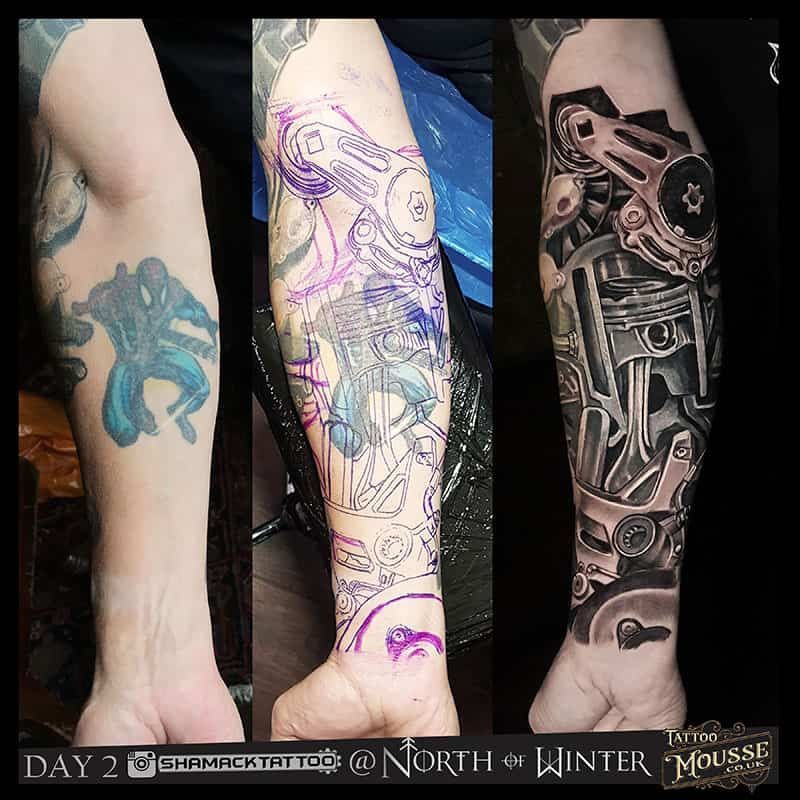 Three tattooed legs shown side by side: teal, purple outline, and black-and-white mechanical designs.