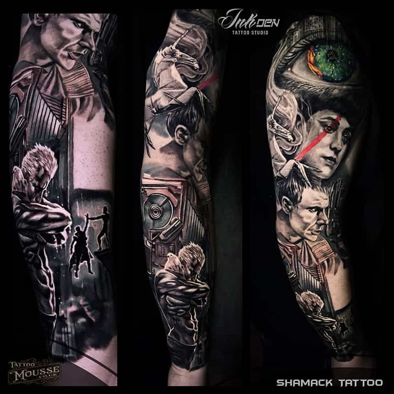 Three views of a full-leg black-and-gray tattoo sleeve with detailed face, floral, and eye designs.
