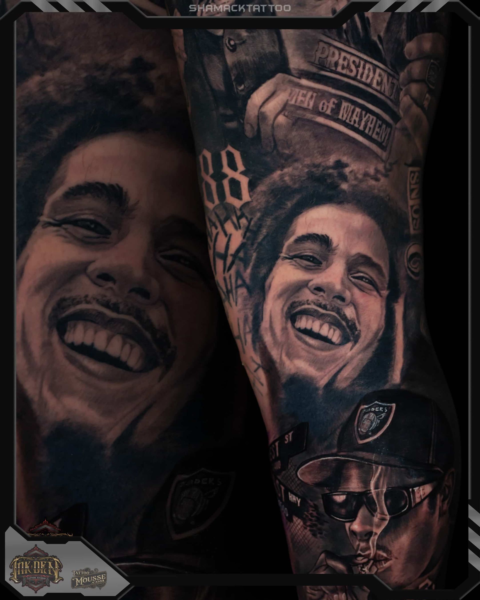 Smiling portrait collage in dark tones, featuring a tattooed forearm and a man in a cap at the bottom.