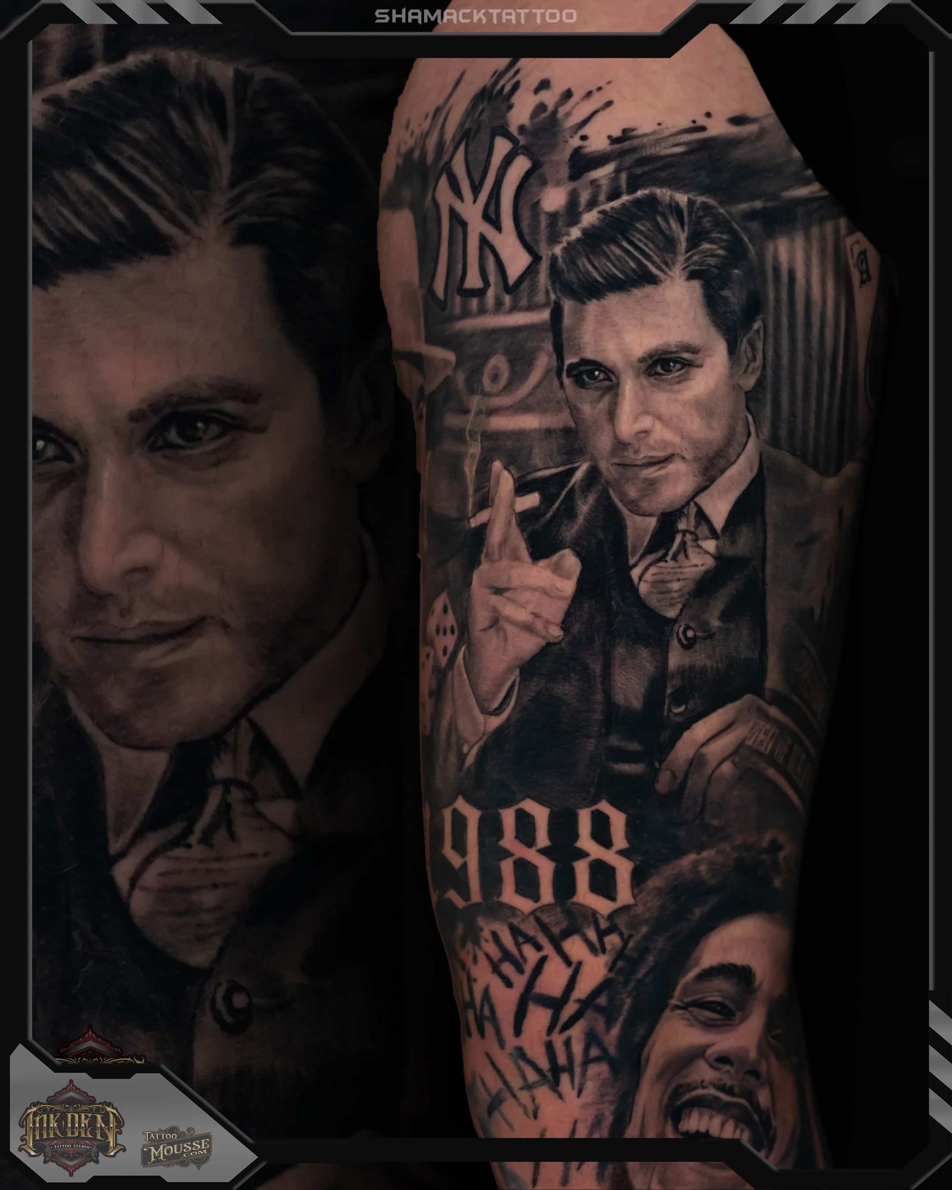 Stylized portrait collage of a tattooed man in dark tones, with large close-up faces and New York Yankees logo
