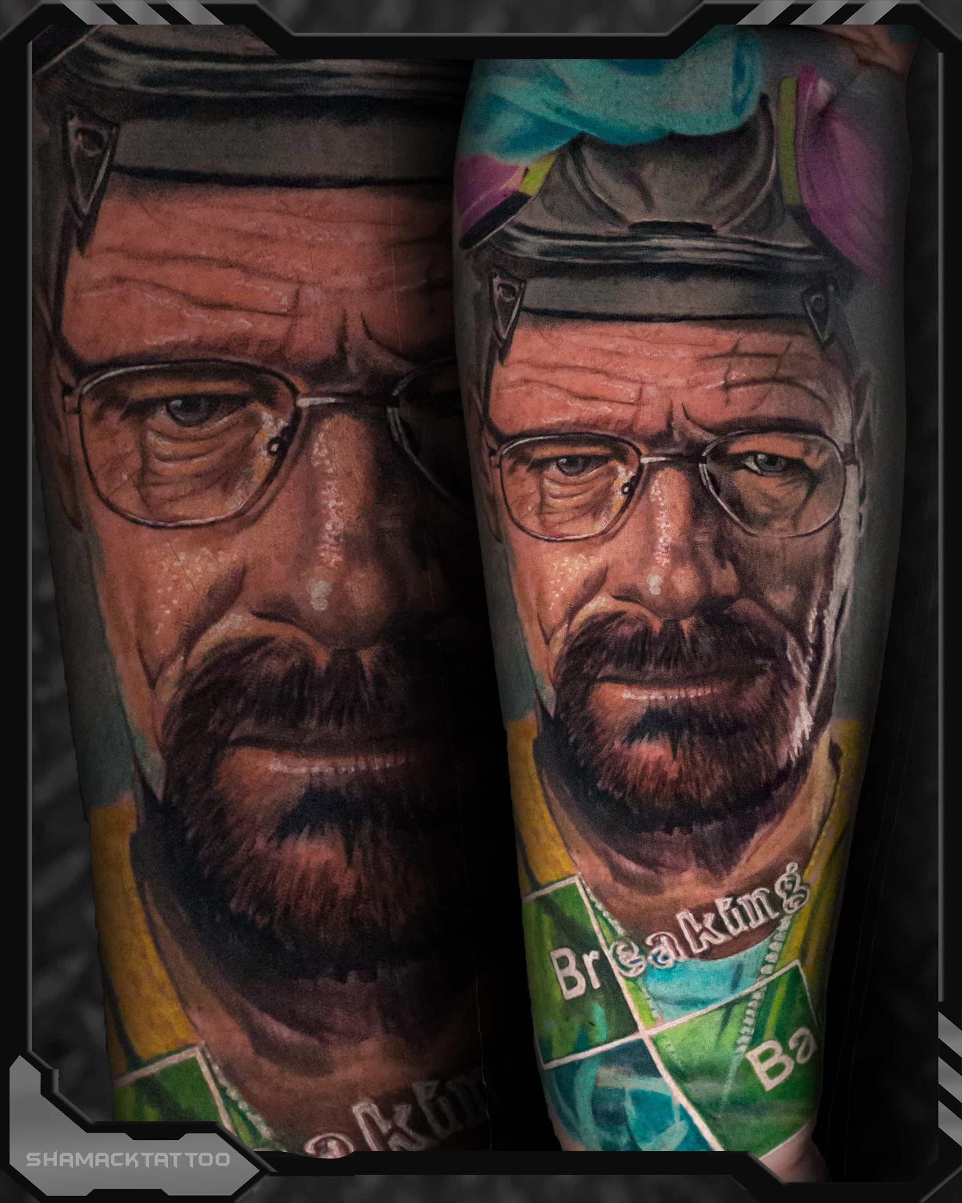 Stylized portrait of a bearded man with glasses on a colorful can or package