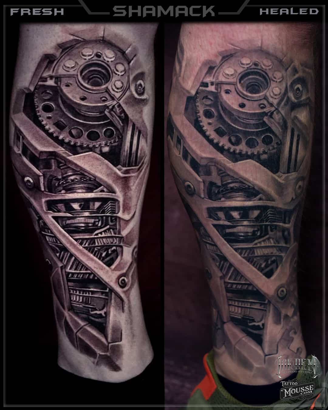 Side-by-side tattooed forearm photos labeled “FRESH” and “HEALED,” showing a biomechanical design.