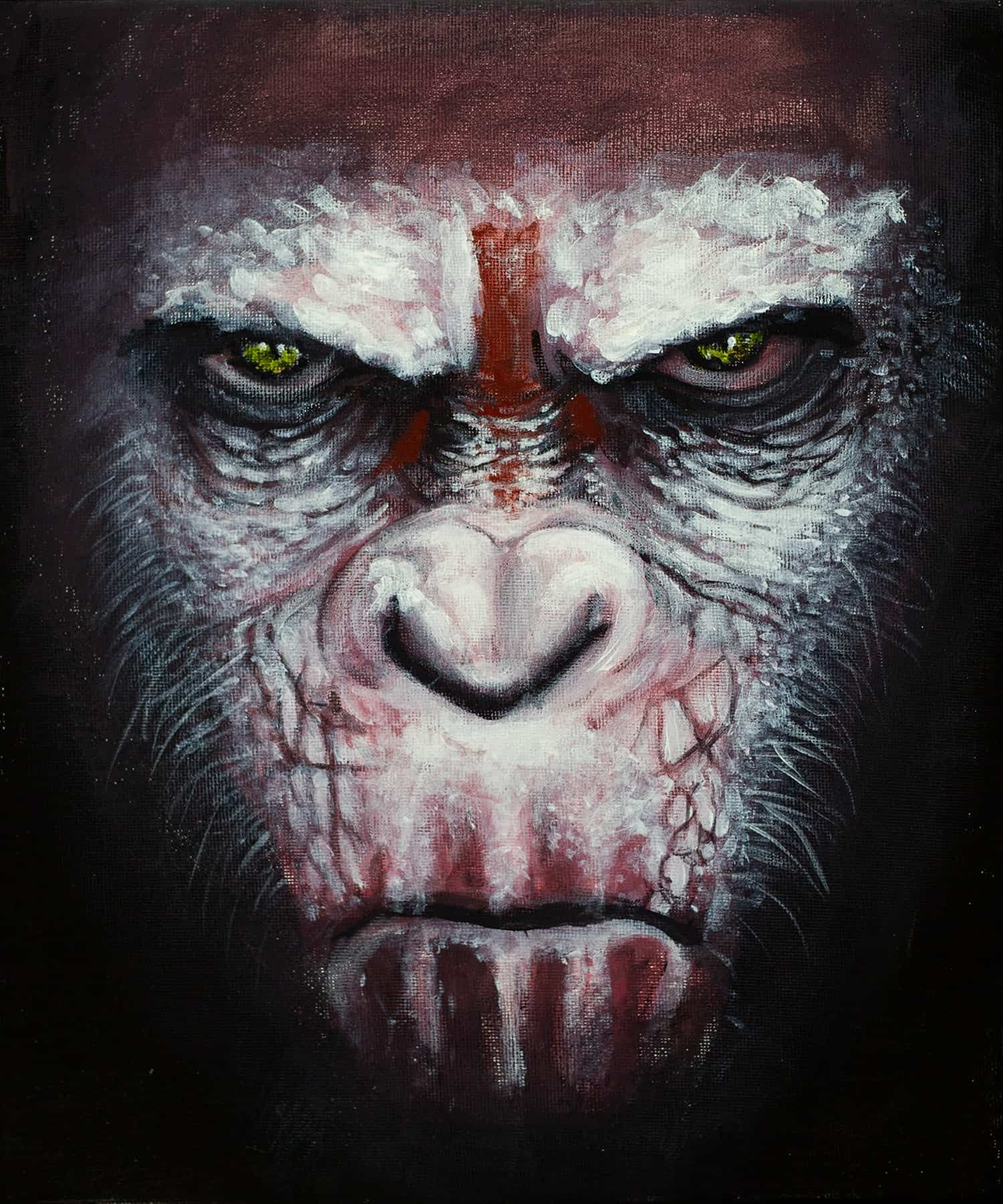 Grim white ape face with yellow eyes and red markings on a dark background