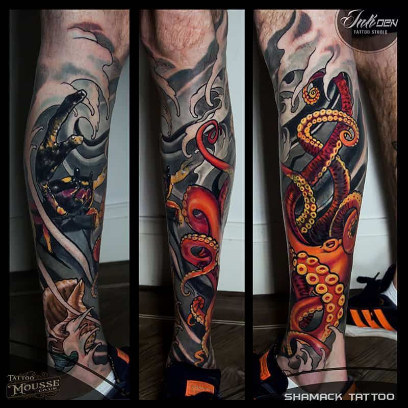 Three forearm tattoo designs: a shark, a red octopus, and a coiled snake in vivid black, red, and gold.