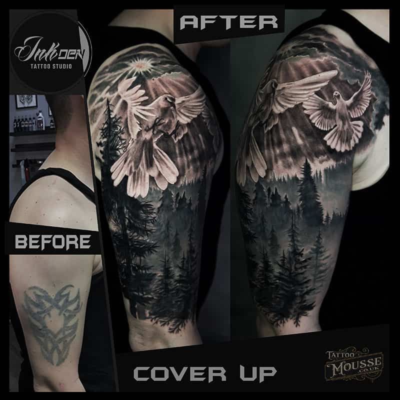 Before-and-after tattoo cover-up of a bird design changed into a dark forest and moon scene on an arm