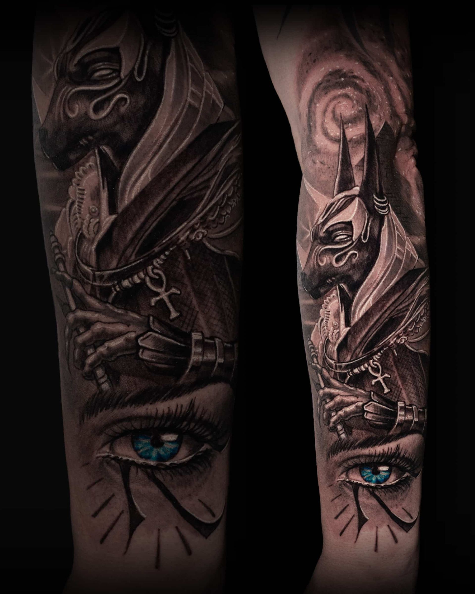 Black-and-gray tattoo design on forearms with a detailed eye in each wrist area and a face above