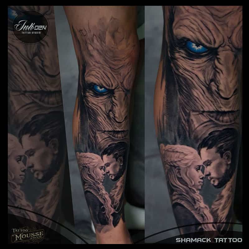 Three-panel tattoo sleeve with a blue-eyed, wrinkled face above a romantic portrait scene