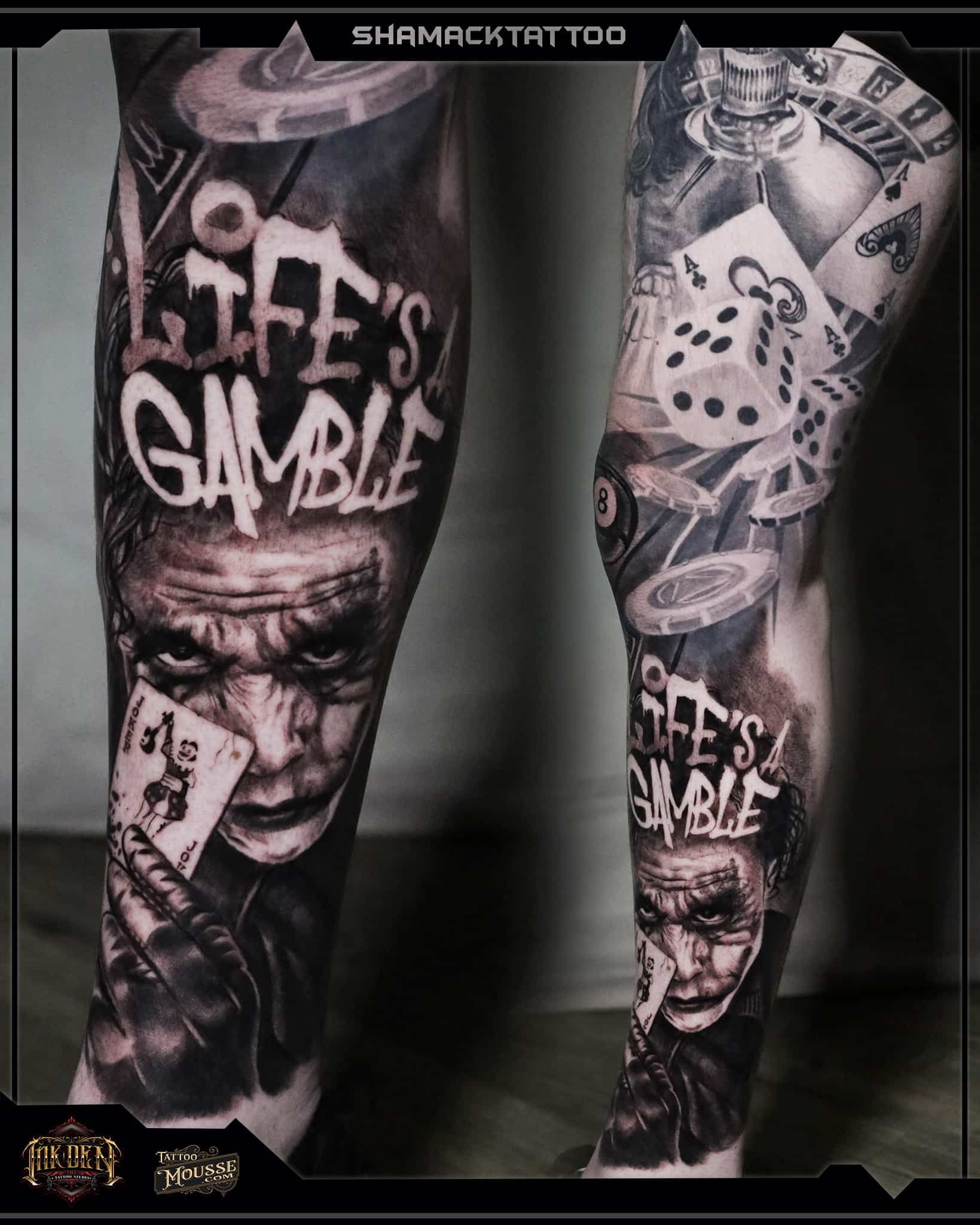 Black-and-gray tattoo sleeve with Joker face and “Why so serious?” text on a leg