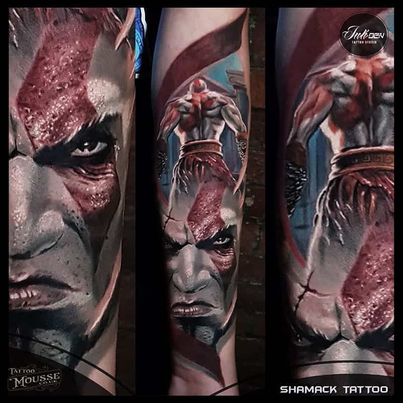 Three-panel tattoo design of a muscular red-and-black warrior face and torso on a forearm
