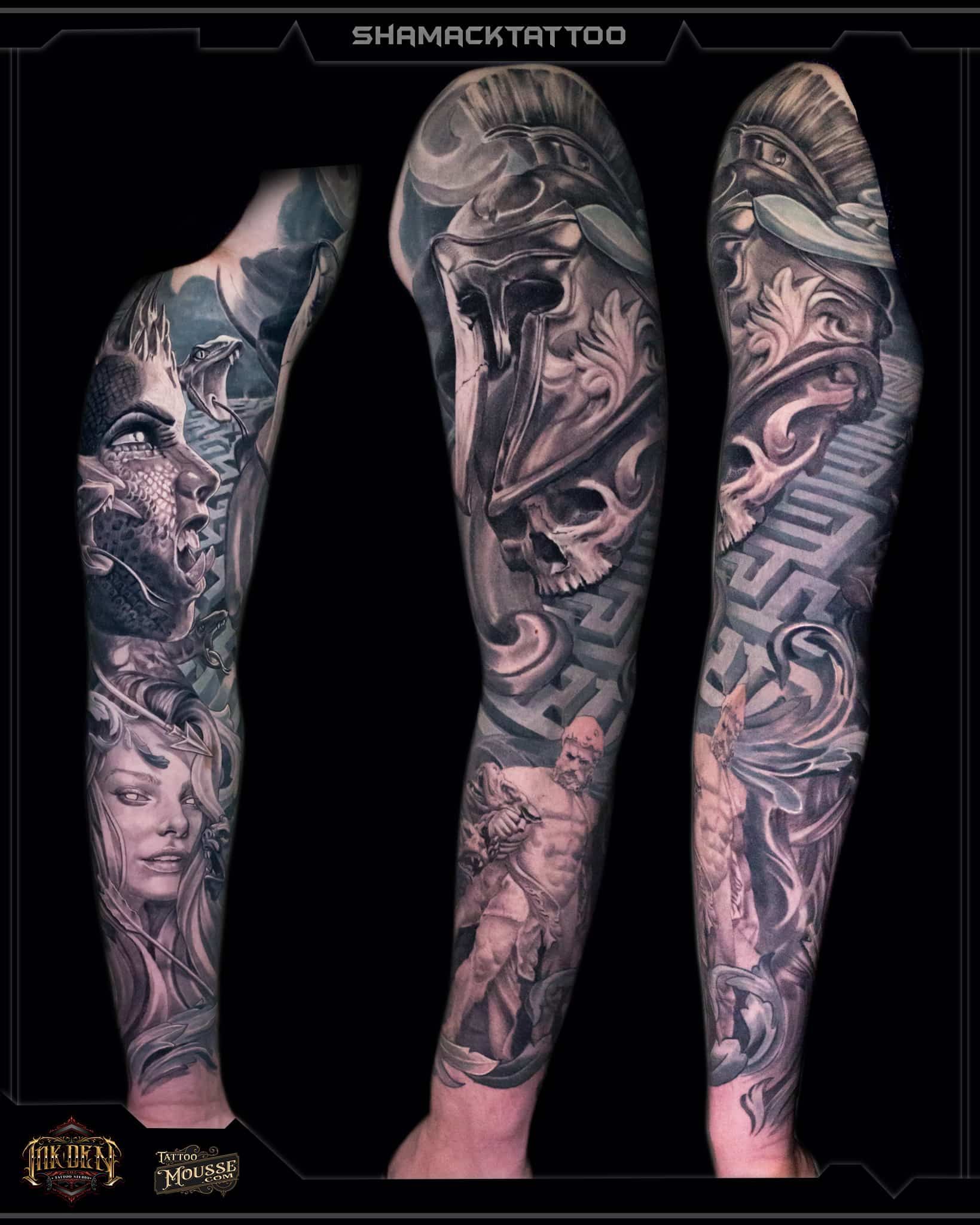 Three views of a tattooed leg sleeve with dark black and gray intricate designs on a black background