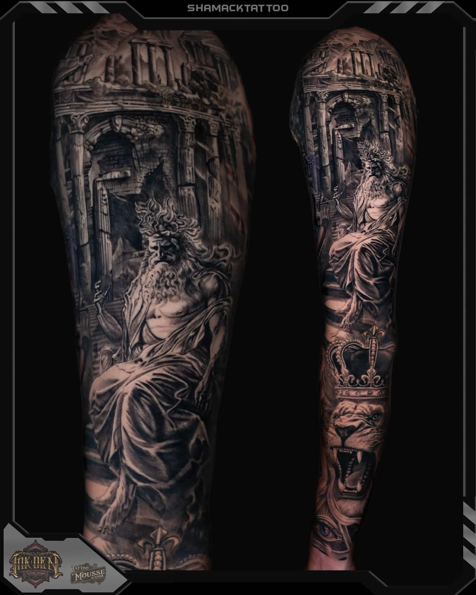 Two black-and-gray tattooed arms with detailed portrait and floral sleeve designs on a dark background
