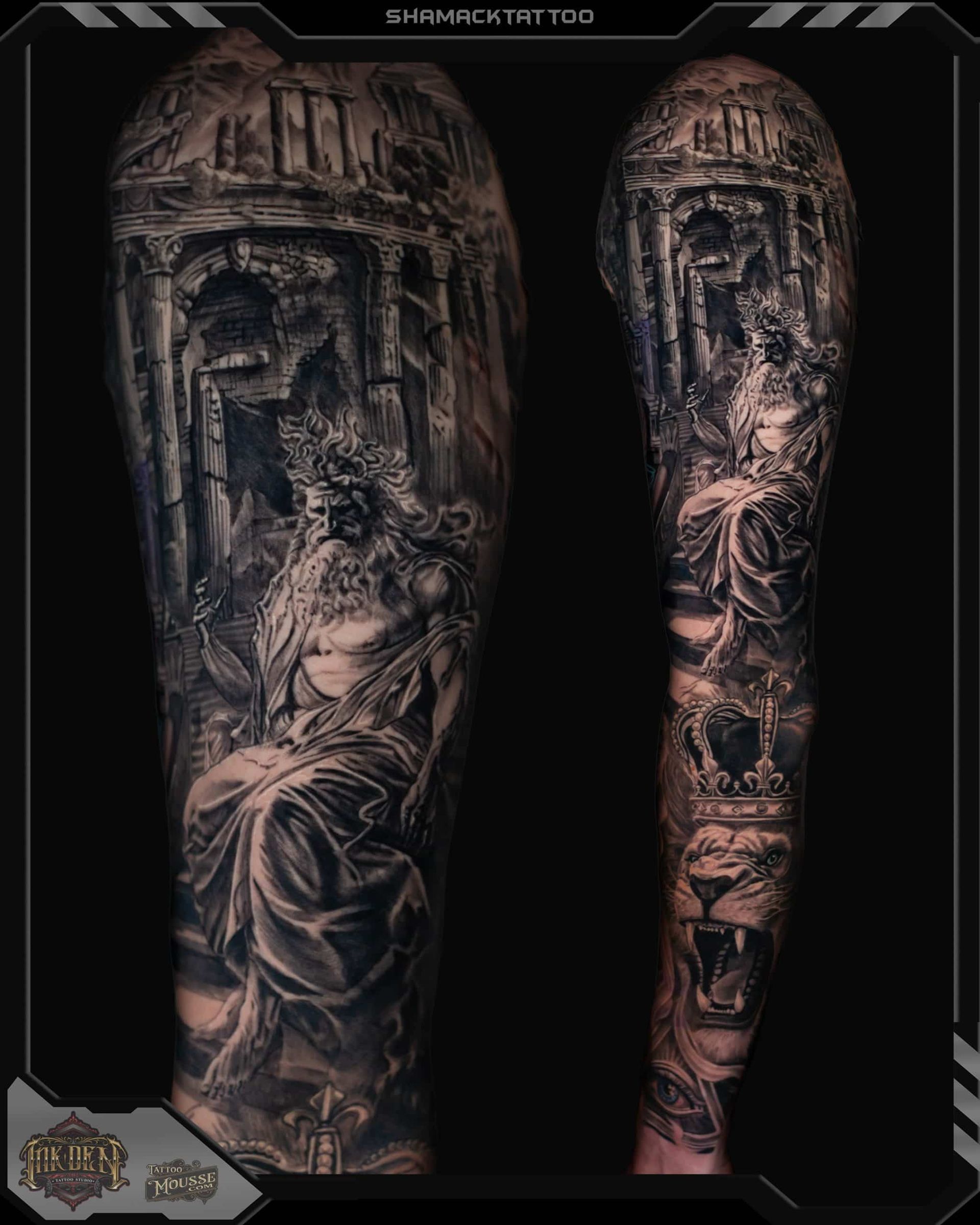 Black-and-gray tattoo sleeve with ornate church and floral/portrait details on two forearms