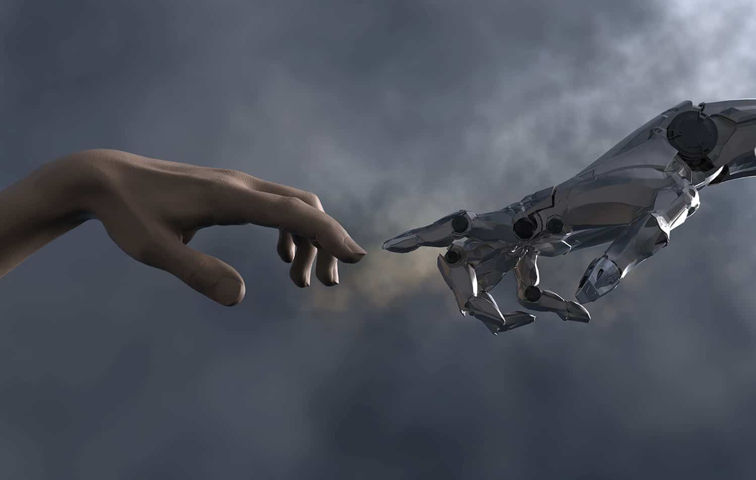 Human hand reaching toward a metallic robot hand against a cloudy gray background
