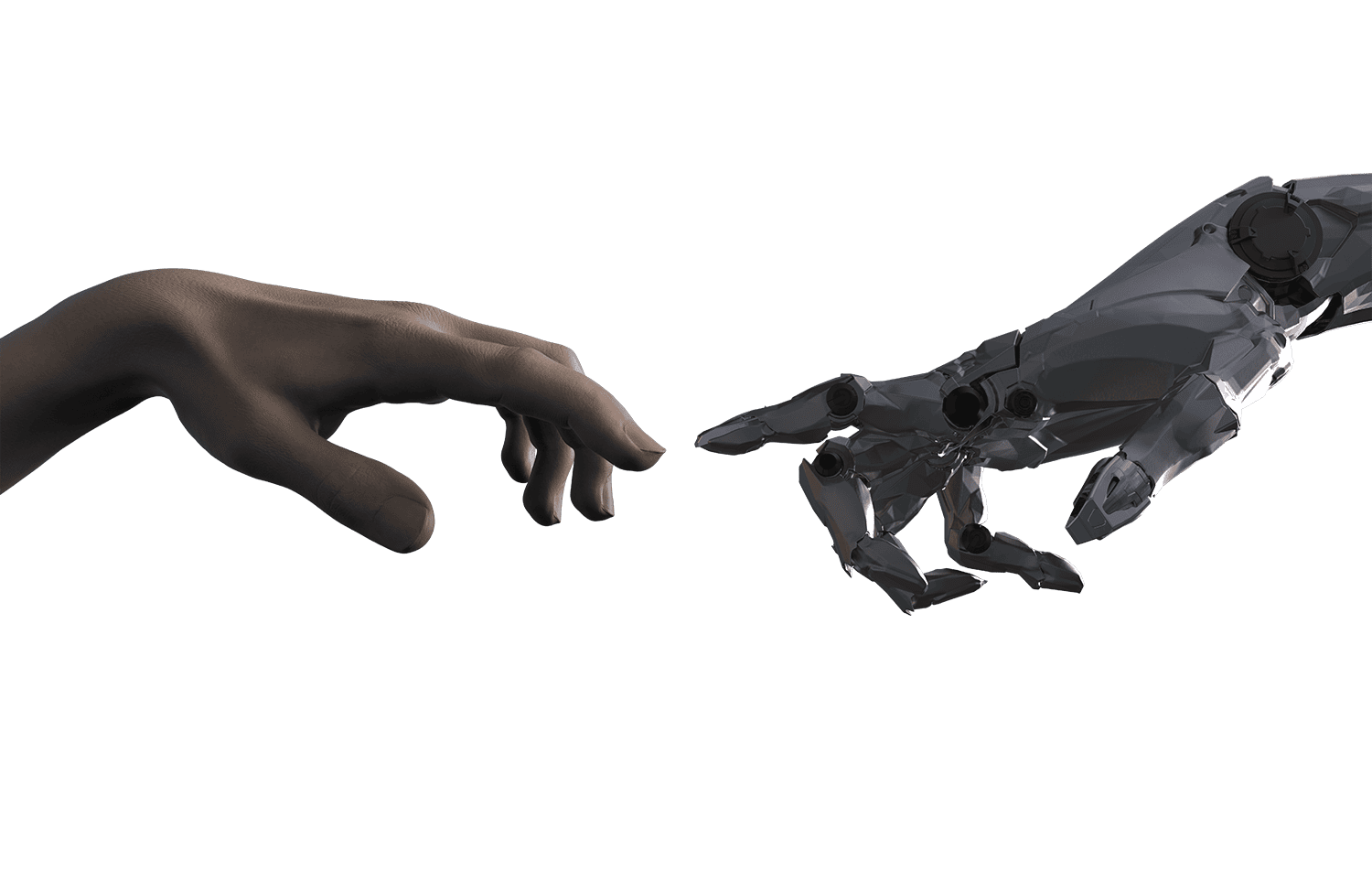 Human hand reaching toward a robotic hand on a white background