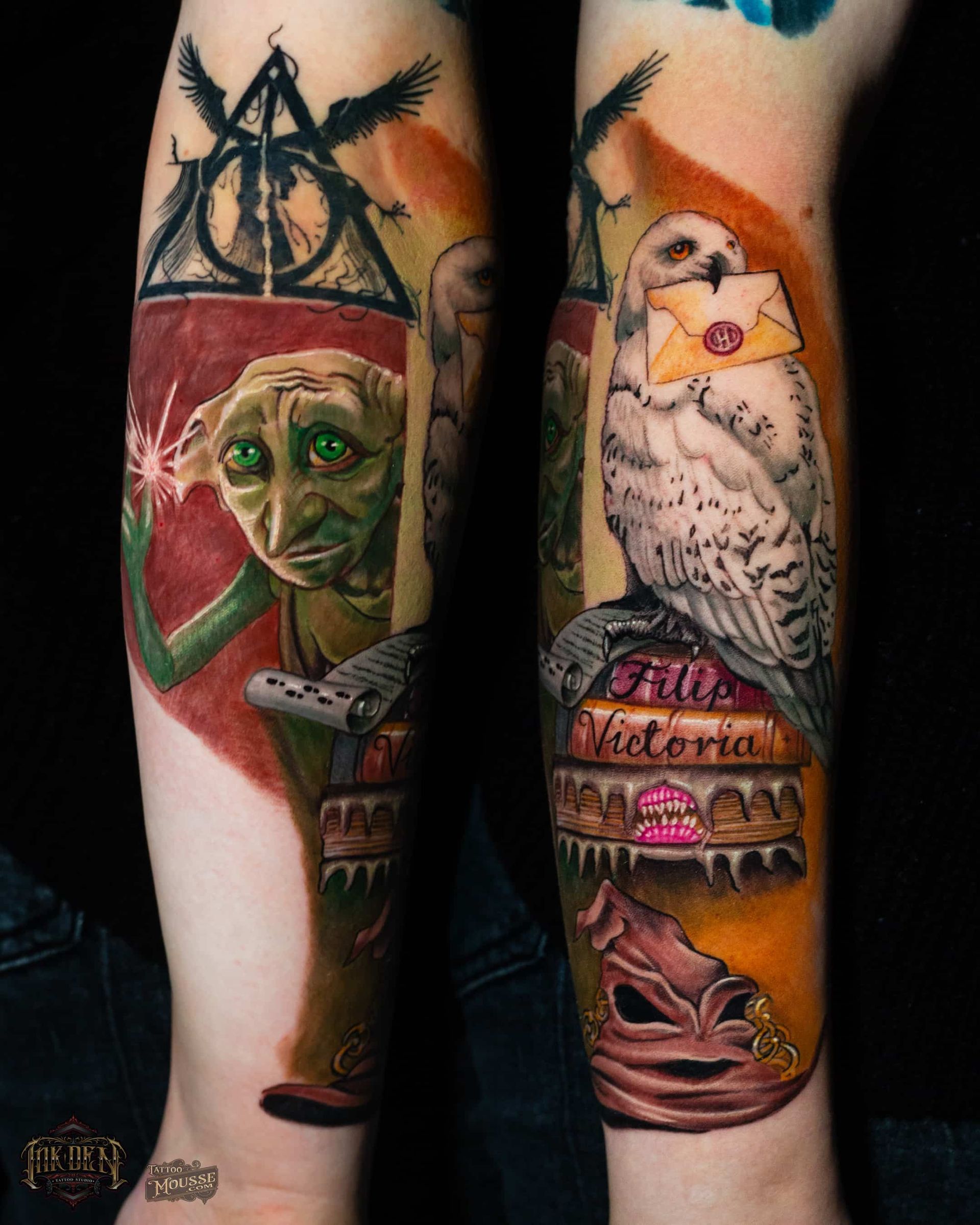 Tattooed calves with Harry Potter-themed art: wizard hat, Dobby, Hedwig, Hogwarts, and sorting hat