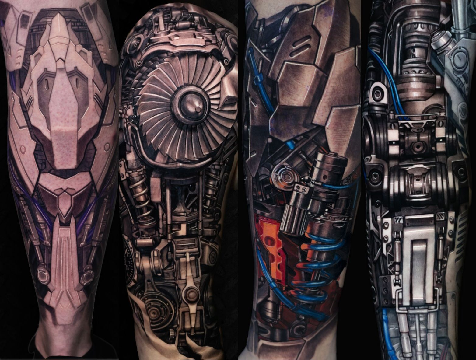 Four tattooed legs with detailed sci-fi mechanical and robotic designs in black, gray, and blue-red ink
