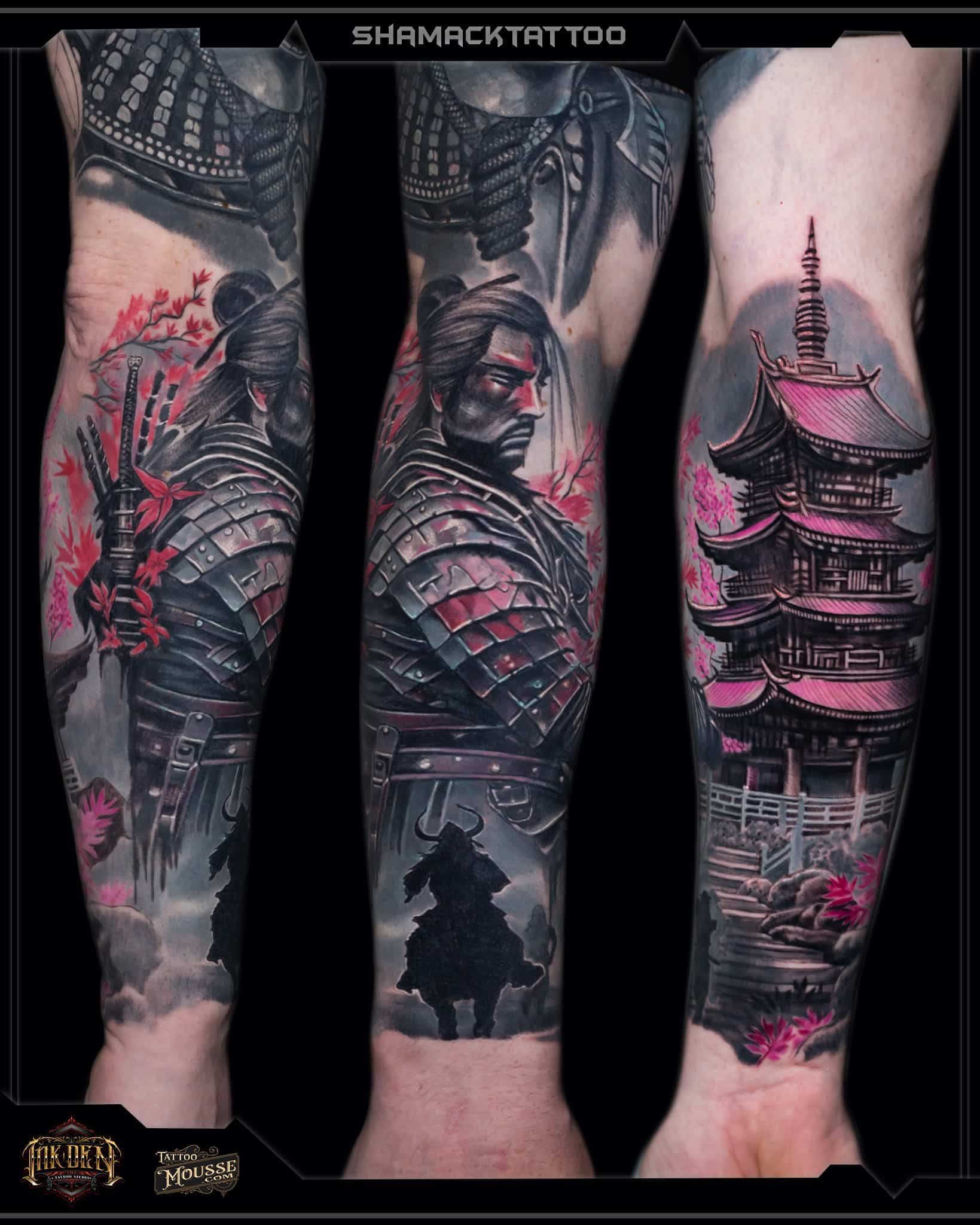 Three tattoo sleeve designs: dark dragon, warrior face, and pink pagoda on three forearms.