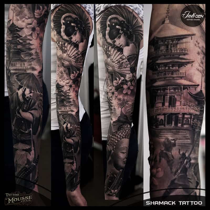Black-and-gray full-leg tattoo designs featuring portraits, flowers, koi fish, and pagodas.
