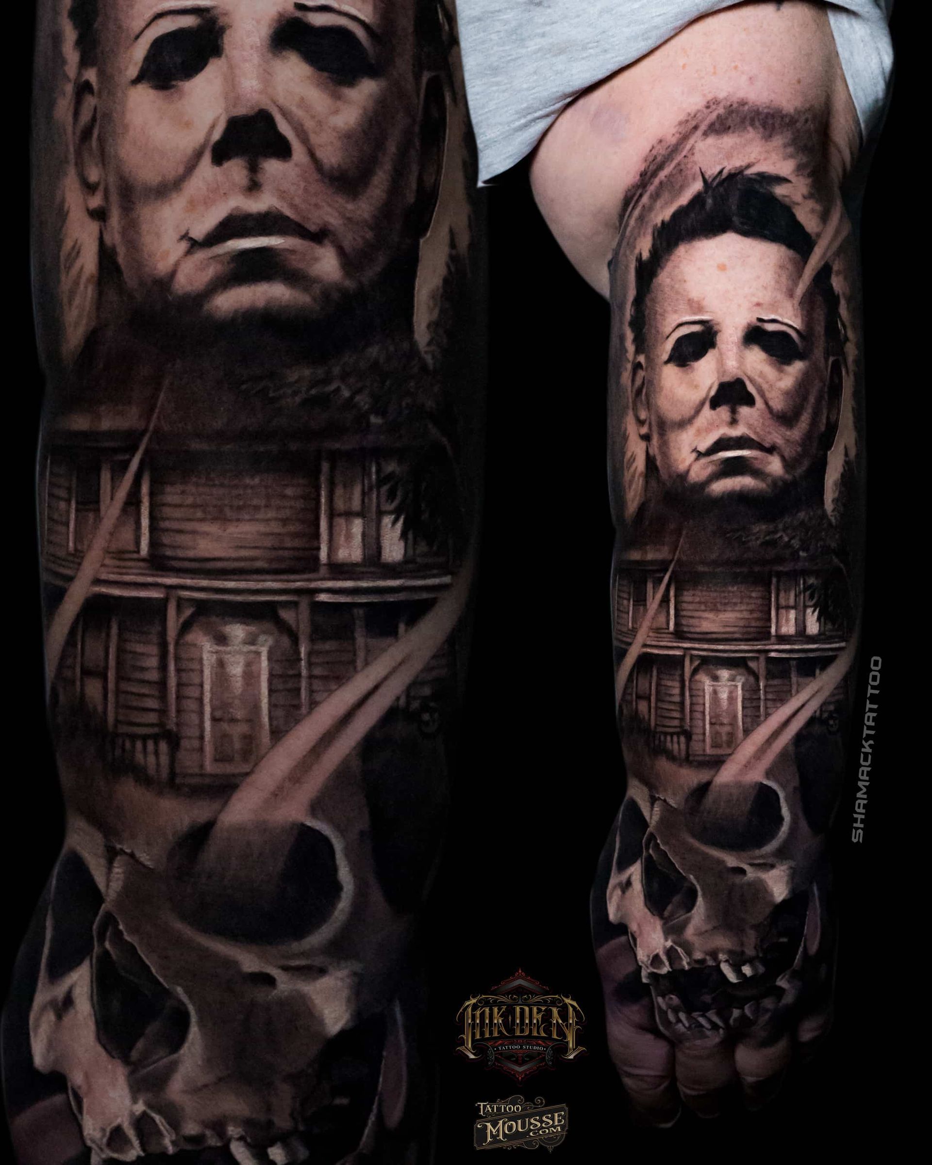 Black-and-gray tattoo sleeve featuring Michael Myers mask, skulls, and a spooky house scene