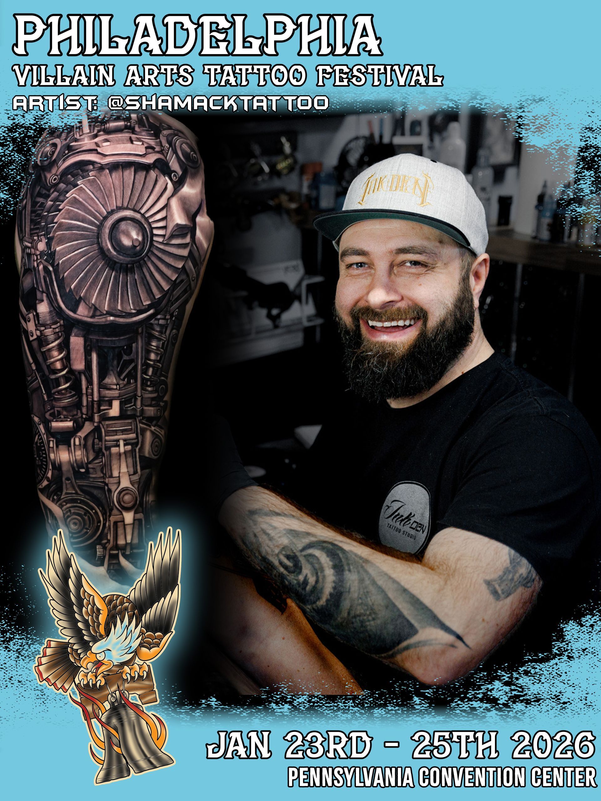 Philadelphia tattoo festival poster featuring a smiling man with tattooed arm and large tattoo design.