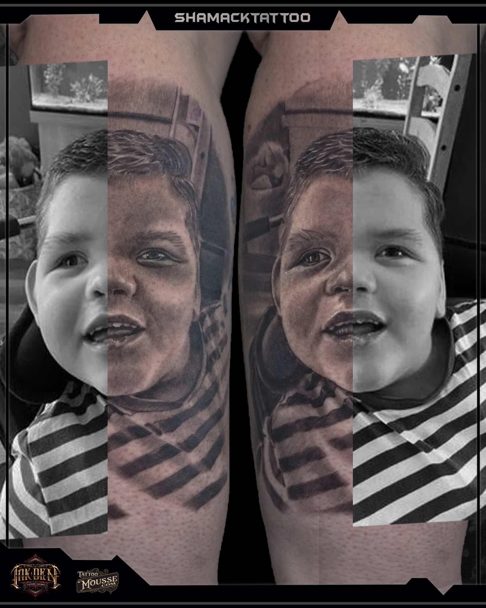Black-and-white mirrored portrait of a smiling child overlayed on legs in striped pants