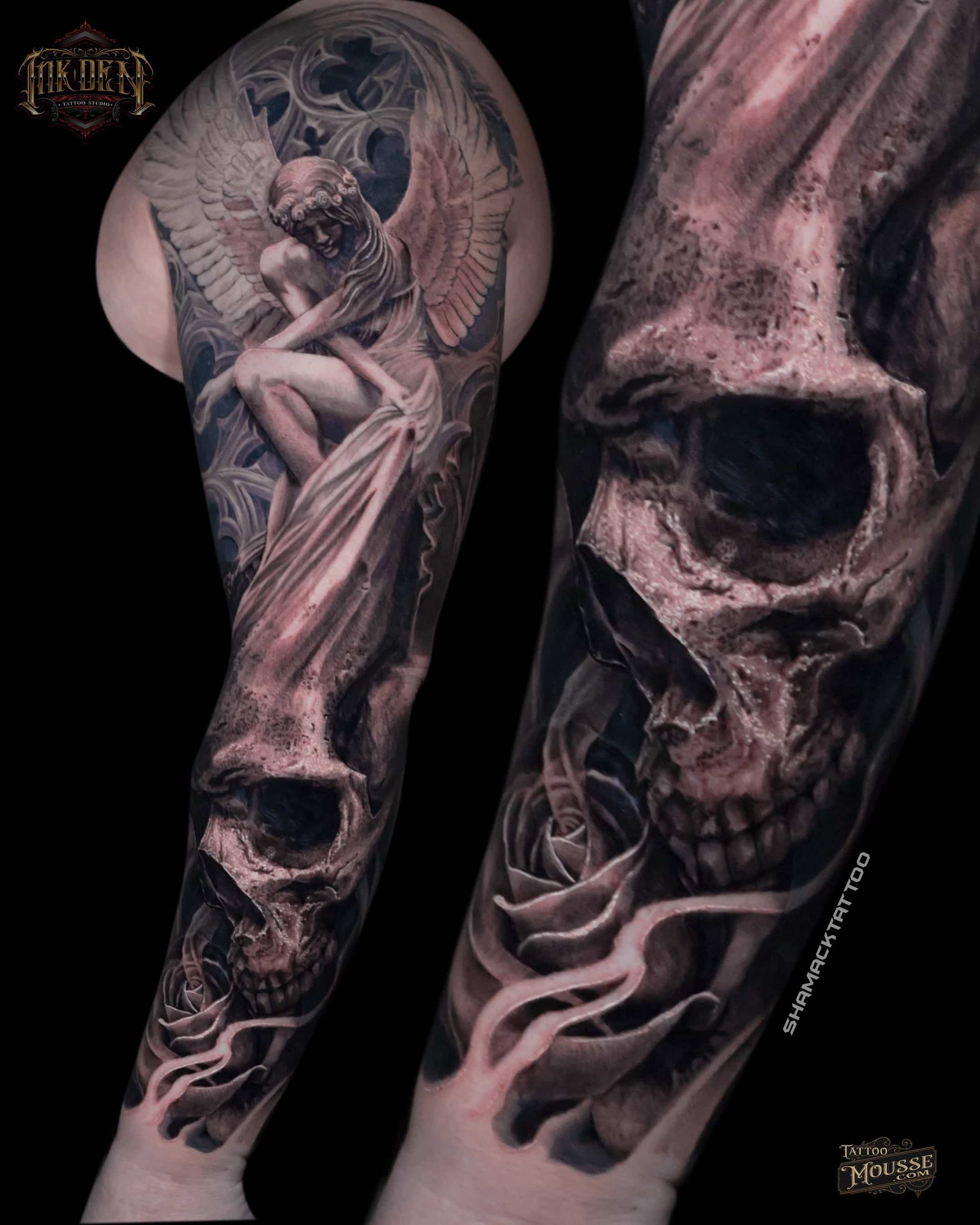 Black-and-gray tattoo sleeve with a skull, flowing drapery, and a winged female figure on a forearm