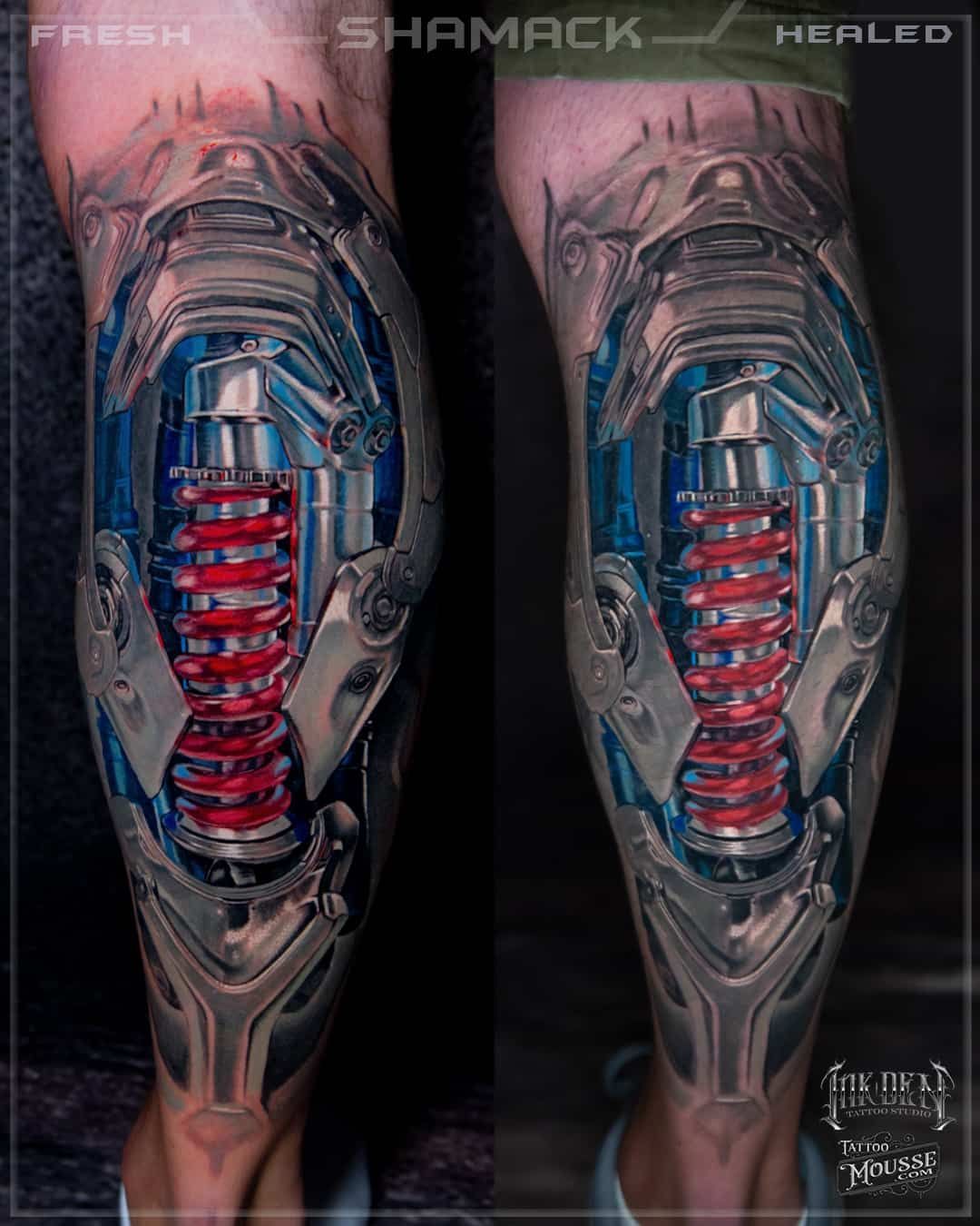 Spring suspention coil custom realism mechanical automotive 3d colour cyber biomechanical tattoo Shamack Inkden