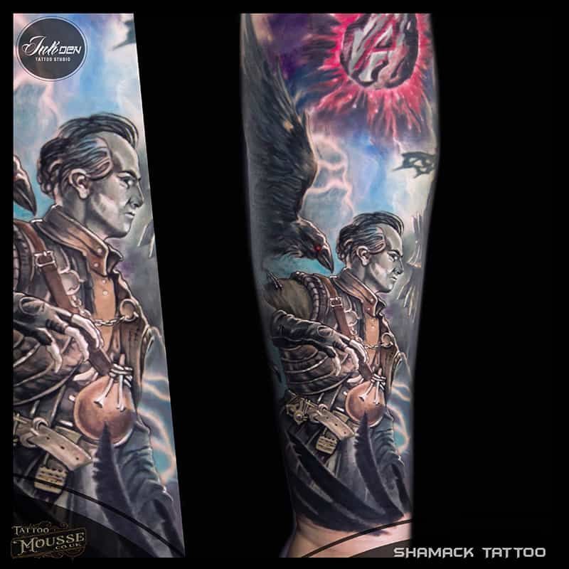 Tattoo design of a warrior woman with sword, blue lightning, and red moon on a forearm
