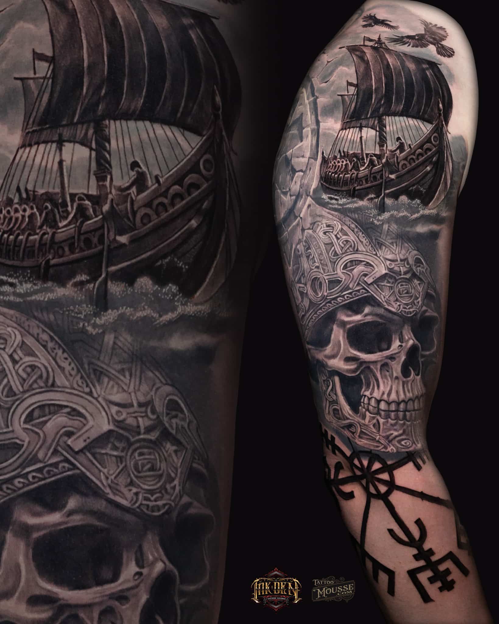 Close-up of two tattooed arms with skull and sailing ship designs in black and gray