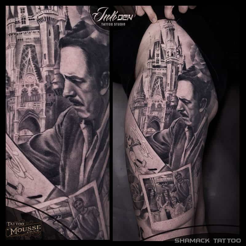 Black-and-gray tattoo sleeve with a man’s portrait, cathedral, and sketchbook art